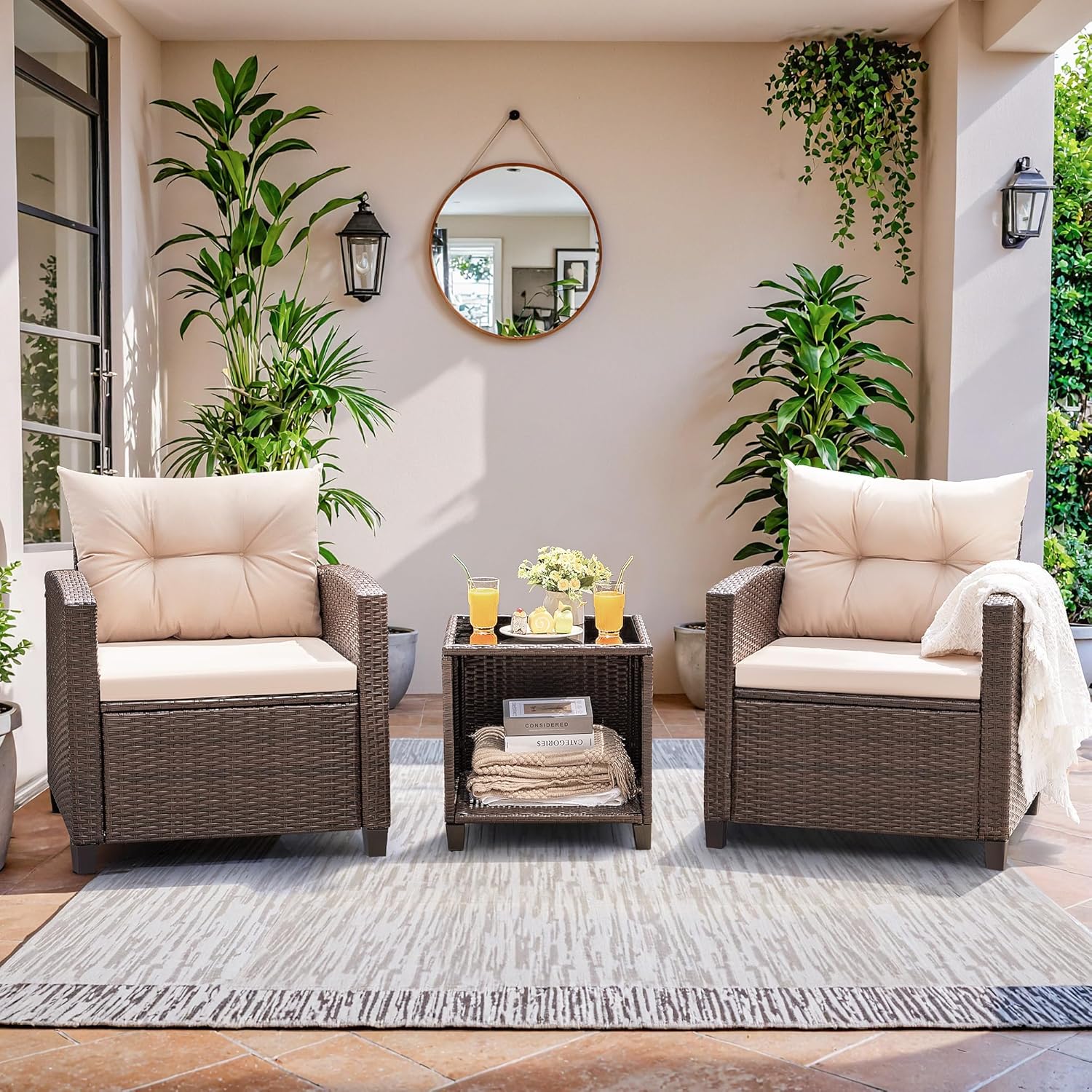Devoko 3 Pieces Patio Furniture Set, PE Rattan Wicker Patio Set with Two Outdoor Chairs and Table, Upgraded Patio Chairs and Table for Porch, Garden Poolside Balcony