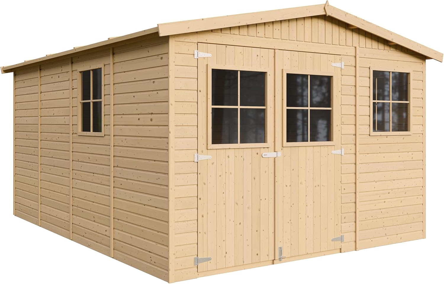 Wooden Garden Shed with Treated Floor – 324 x 416 cm/12 m² Natural Wood Shed – Garden Workshop – Bicycle, Tool Storage TIMBELA M336+M336G