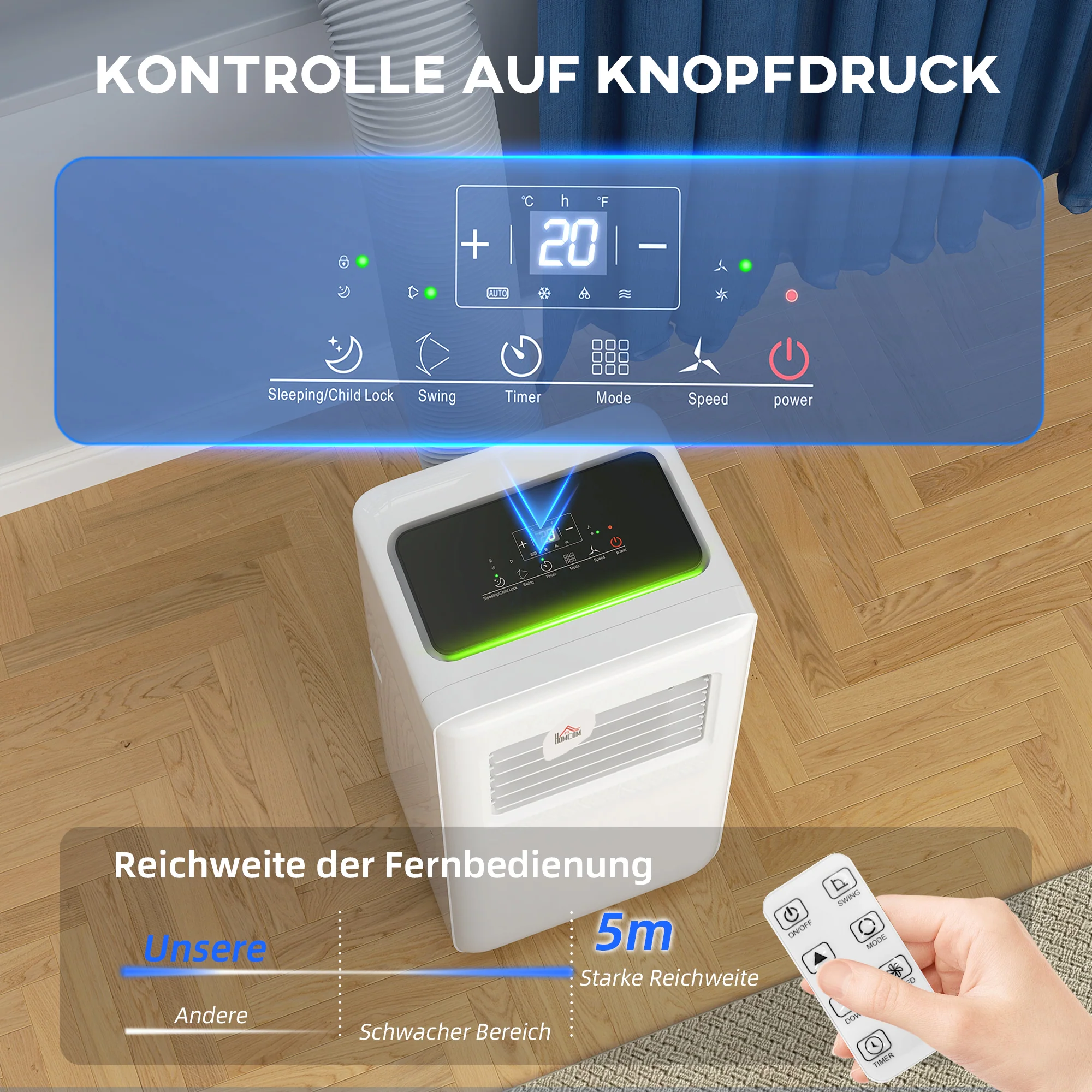 HOMCOM Draagbare Airconditioner met Meerdere Standen, LED-Display, Timer en Wielen, Wit