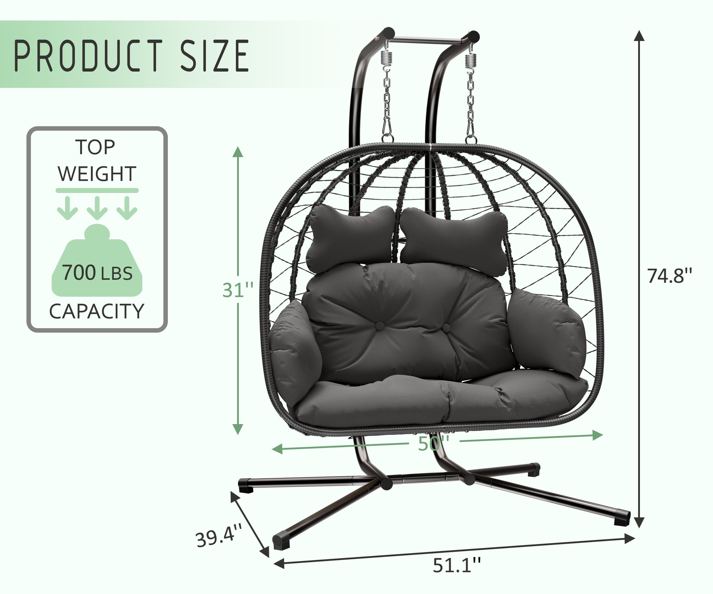 Bifanuo Double Wicker Swing Egg Chair Hammock Foldable Hanging Loveseat with Stand, UV Resistant Removable Cushions, 700LBS Capacity for Bedroom, Balcony (Black and Beige)