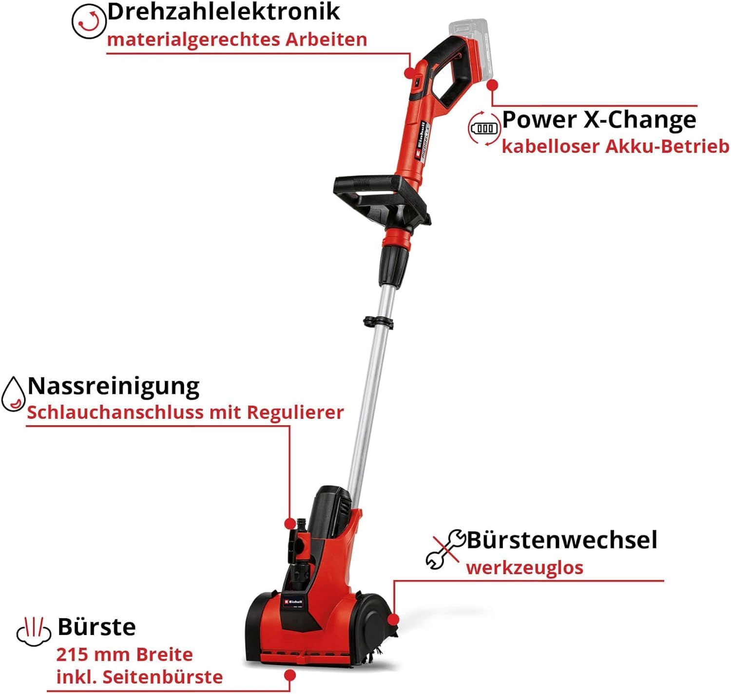 Einhell Akku-Oberflächenbürste PICOBELLA 18/215 Power X-Change (18 V, multifunktionell, integr. Gartenschlauchanschluss, inkl. Bürste MEDIUM, ohne Akku)