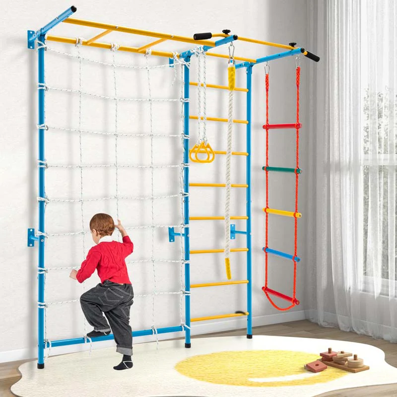 7-in-1 Kids Climbing Gym Steel Swedish Ladder Wall Set with Rope, Pull-up Bar & Gymnastic Rings, Indoor Playground Climbing Toys for Toddlers Exercise