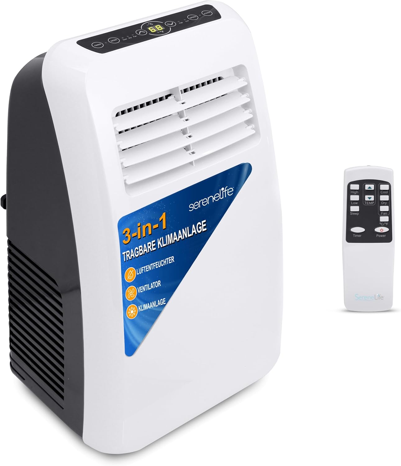 SereneLife Klimaanlage mobil, 3-in-1 mobiles Klimagert mit Abluftschlauch - Luftkühler, Luftentfeuchter & Ventilator, air conditioner 9.000 BTU, 1,5 L Feuchtigkeit/Stunde, kühlt Rume bis 42 m
