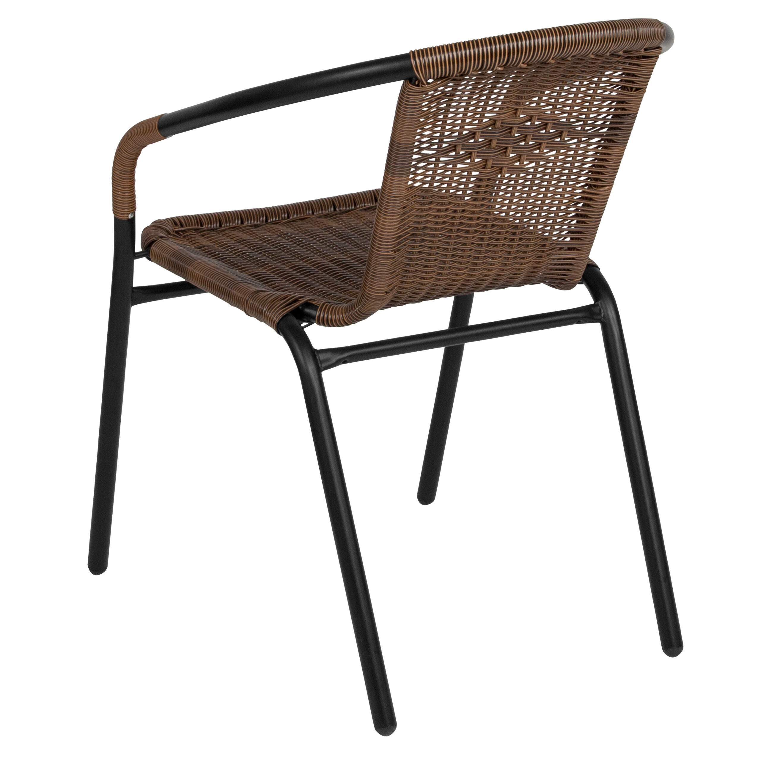 28  Round Glass Metal Table with Dark Brown Rattan Edging and 2 Dark Brown Rattan Stack Chairs