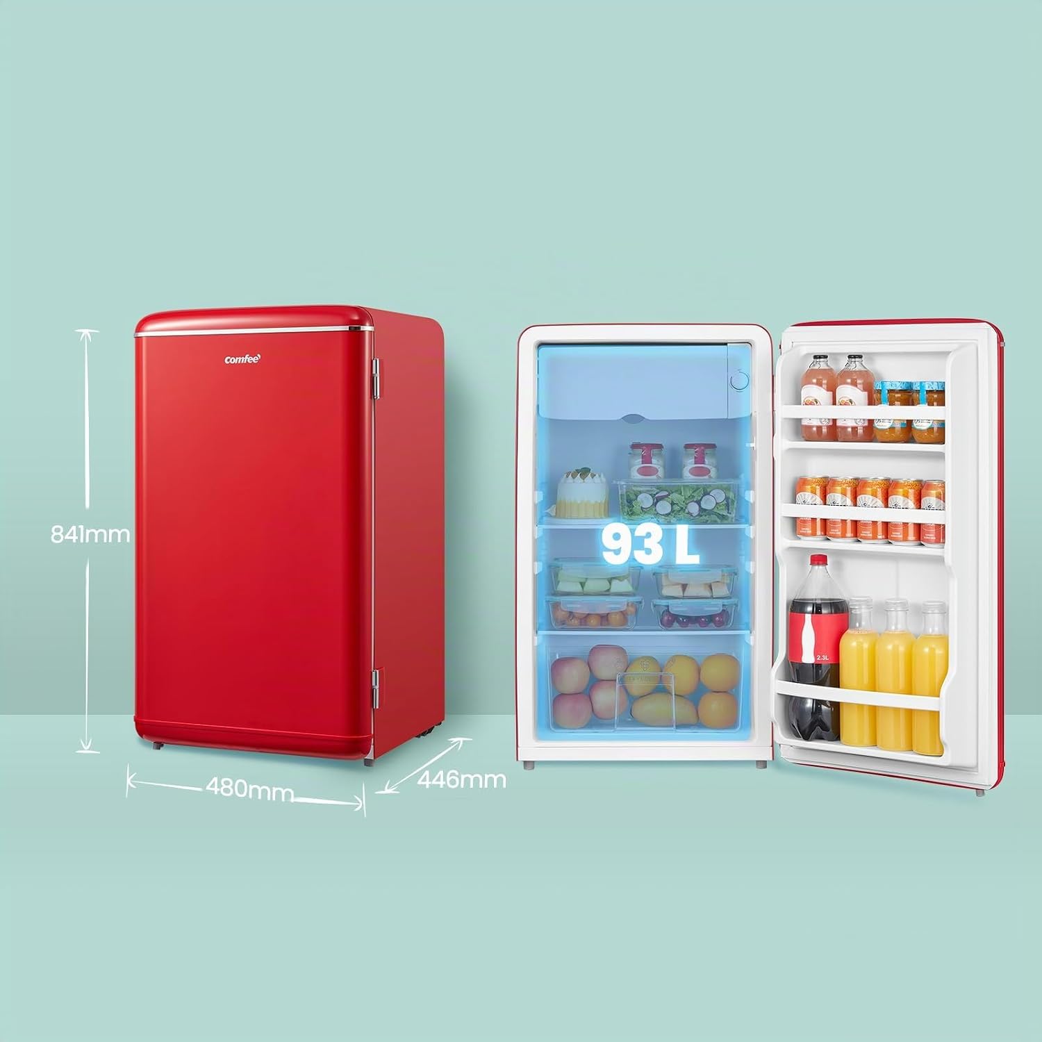 Comfee' RCD93RE2EURT(E) Kleiner Kühlschrank 93 L, Retro-Design, Mini-Kühlschrank mit einer Tür, einstellbare Temperatur, leise, geeignet für Zuhause, Büro und Hotel, Rot