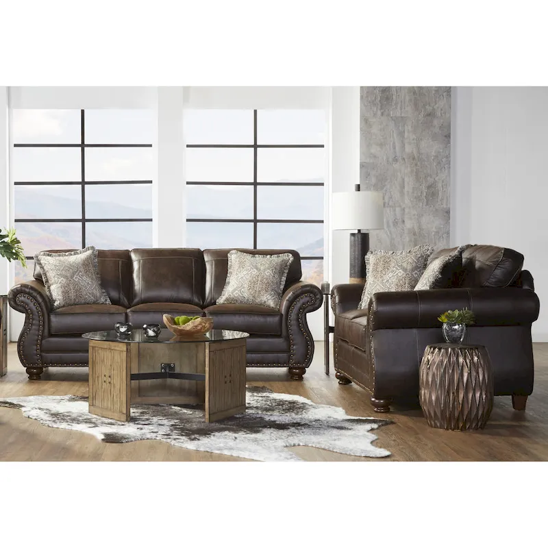 Roundhill Furniture Leinster Espresso Fabric Upholstered Sofa and Loveseat Set with Nailhead Trim