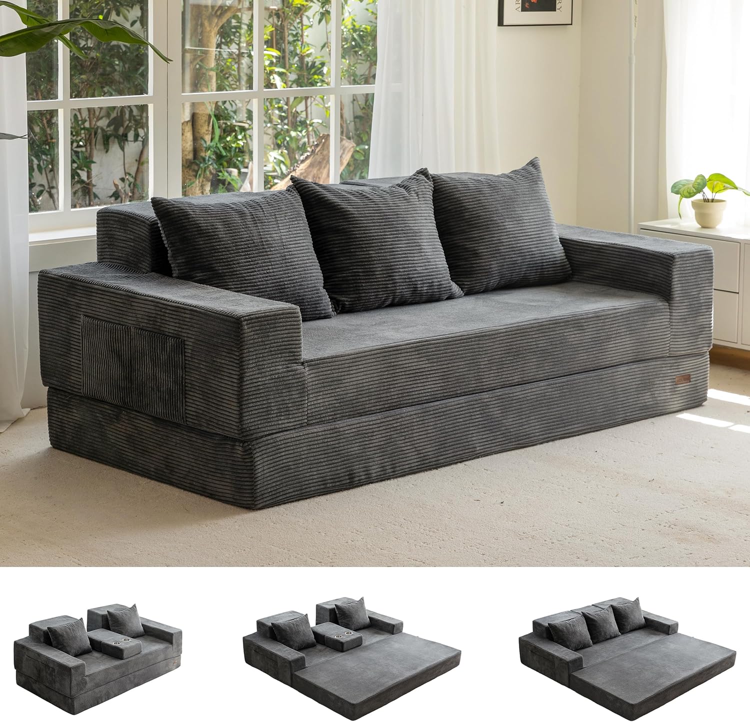 MAXYOYO Hopfällbar bäddsoffa i manchester, bäddsoffa med mugghållare och kudde, lata kompressionssoffa för vardagsrum, sovrum, gästrum