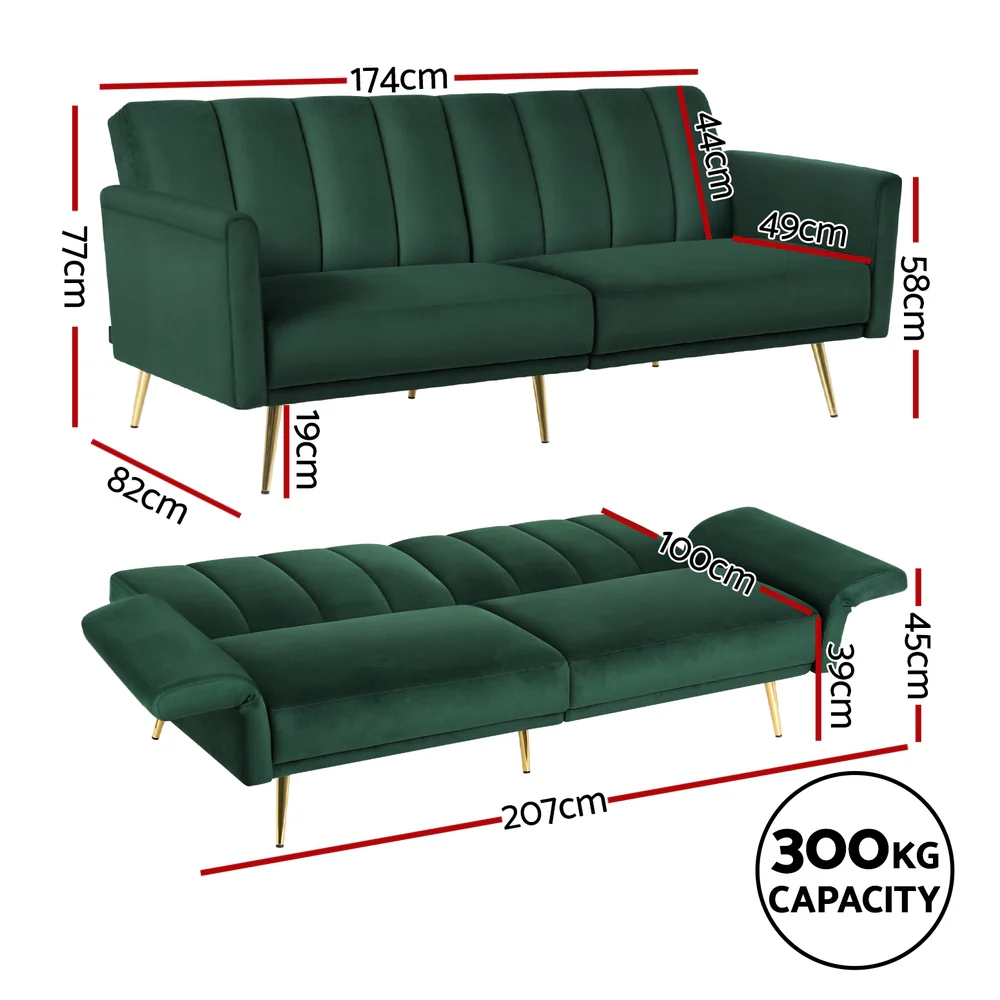 Artiss Sofa Bed 3 Seater Couch Convertible Lounge Adjustable Arm Recliner Velvet