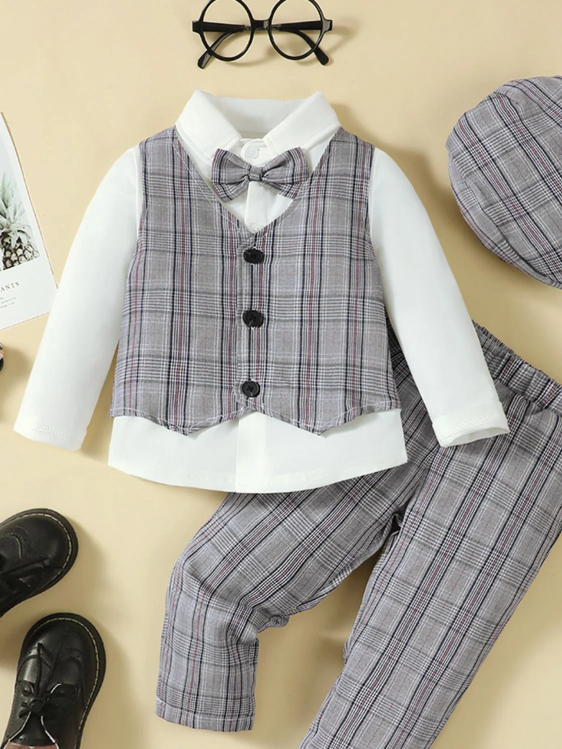 Hat, Long Sleeve Shirt, Plaid Vest and Pants 4-Piece Set
