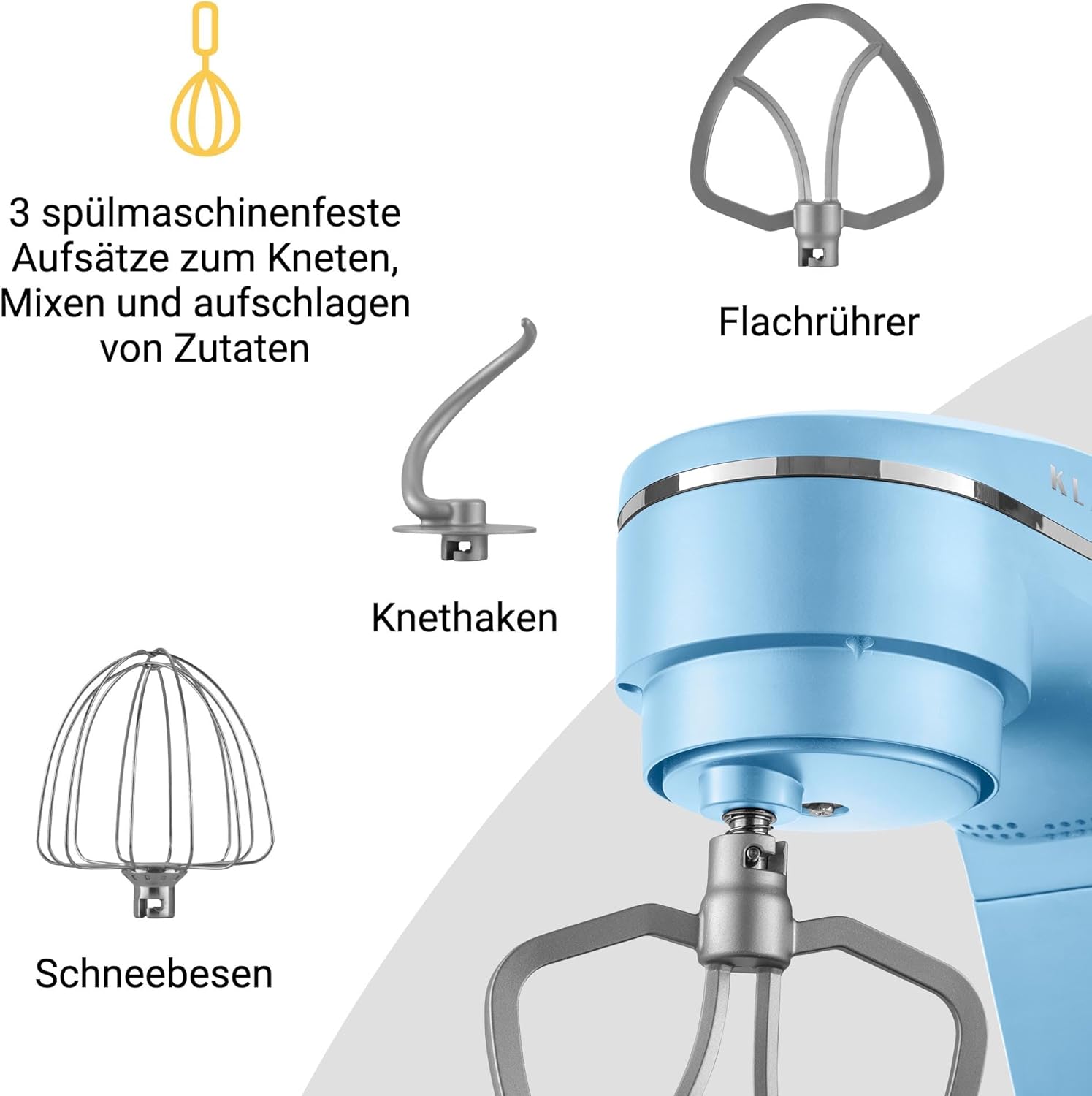 KLAMER Küchenmaschine 1800W, Knetmaschine mit 6 Liter Edelstahl Schüssel, 10 Geschwindigkeitsstufen mit Timer, Rührbesen, Knethaken, Schneebesen und Spritzschutz