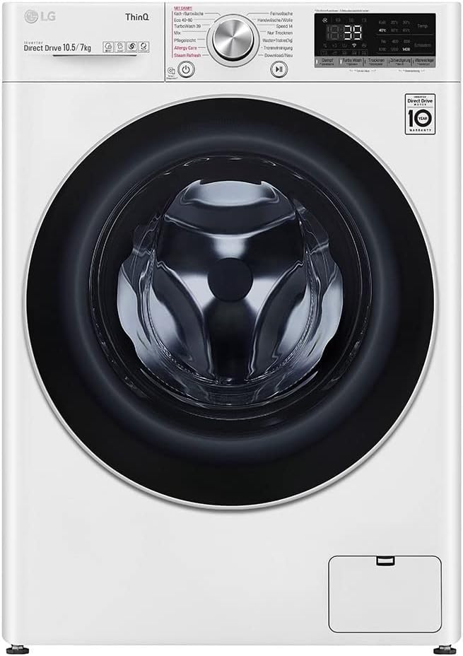 LG V7WD107H2E, Klasse E, Frontlader-Waschtrockner 10,5 - 7 kg, 1400 U/min, AI Direct Drive, Wi-Fi, Tiefenreinigung mit Dampf, TurboWash, Größere Kapazität, 62 x 60 x 85 cm ꟷ Weiß