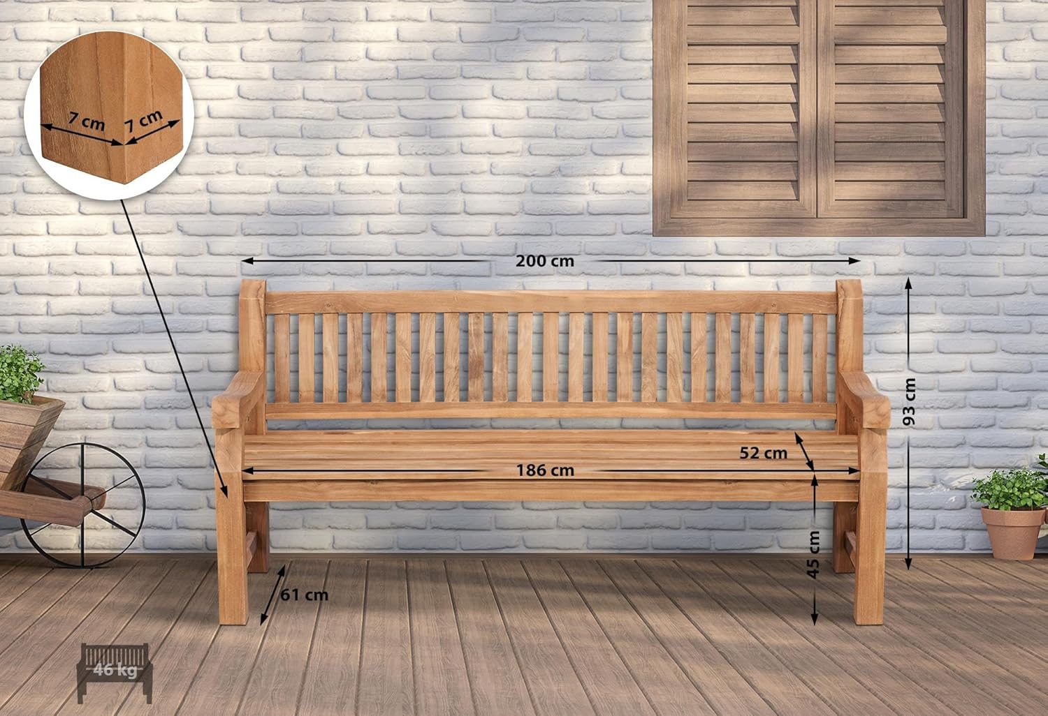 CLP Teakbank Jackson V2 I Wetterfeste Holzbank mit Rückenlehne I Stabile Gartenbank aus massivem Teakholz, Farbe:Teak, Größe:200 cm