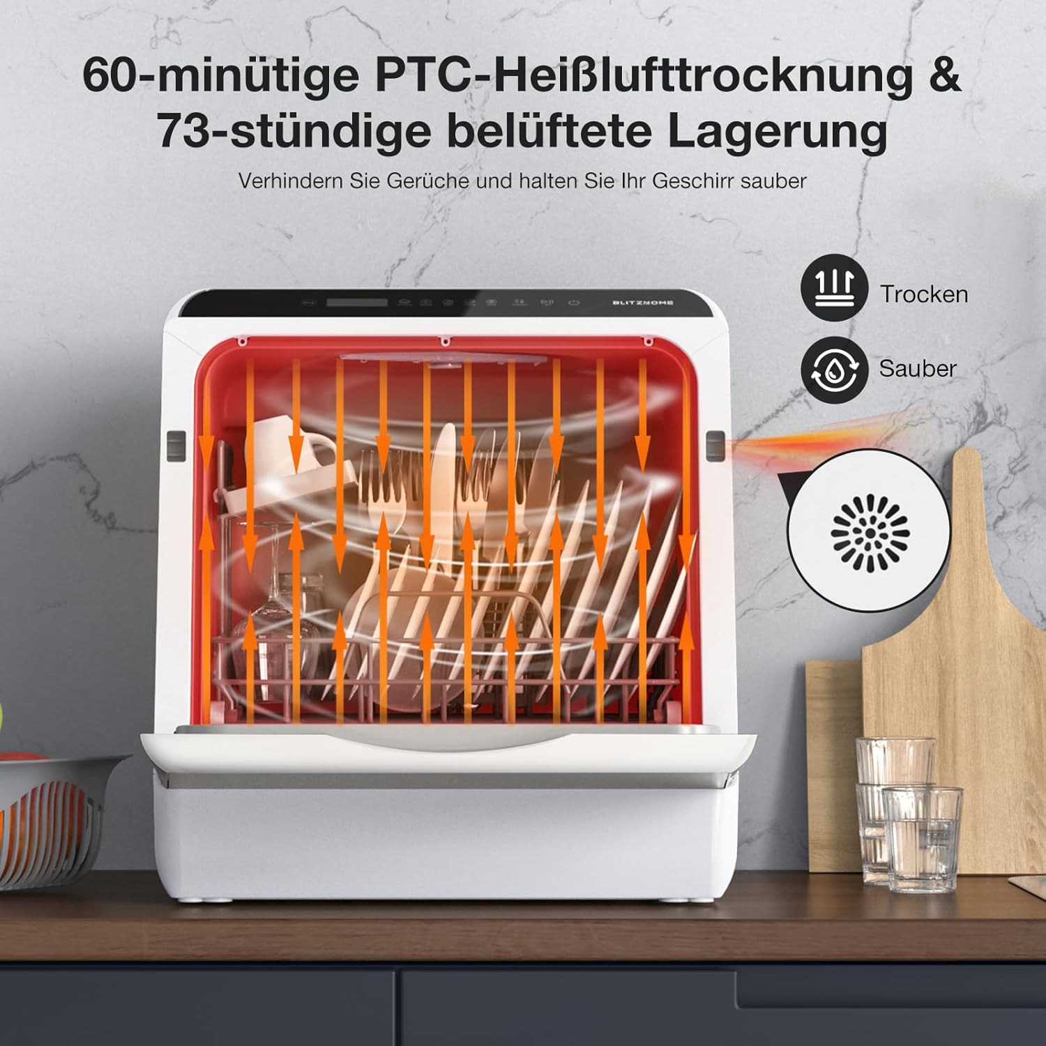 Mini Spülmaschine, BLITZHOME Mini Geschirrspüler App Steuerung, 6 Programme Tragbarer Smart Tischgeschirrspüler mit 5L Wassertank, mit/ohne Wasseranschluss Benutzbar, Trockenfunktion, für Camping