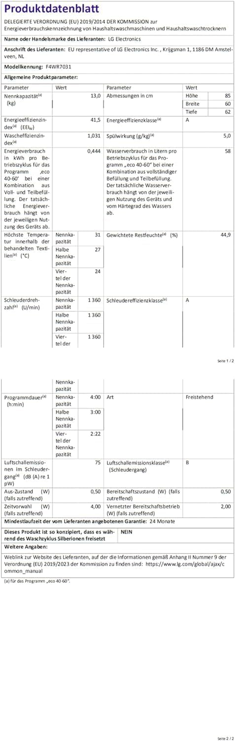 LG F4WV7080, Klasse A, Frontlader-Waschmaschine 8 kg, 1400 U/Min, AI Direct Drive, Wi-Fi, Tiefenreinigung mit Dampf, Große Kapazität, TRIPLE A, Außentür aus Sicherheitsglas, 62 x 60 x 85 cm ꟷ Weiß