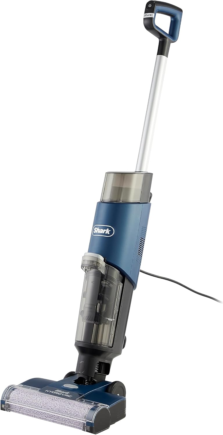 Shark HydroVac Kabelgebundener Nass Trockensauger, antimikrobieller Bürstenrolle, Mehrzwecklösung geruchsneutralisierend, 7,6m Kabel, selbstreinigender Bodenreiniger, saugt & wischt, Blau WD100EU