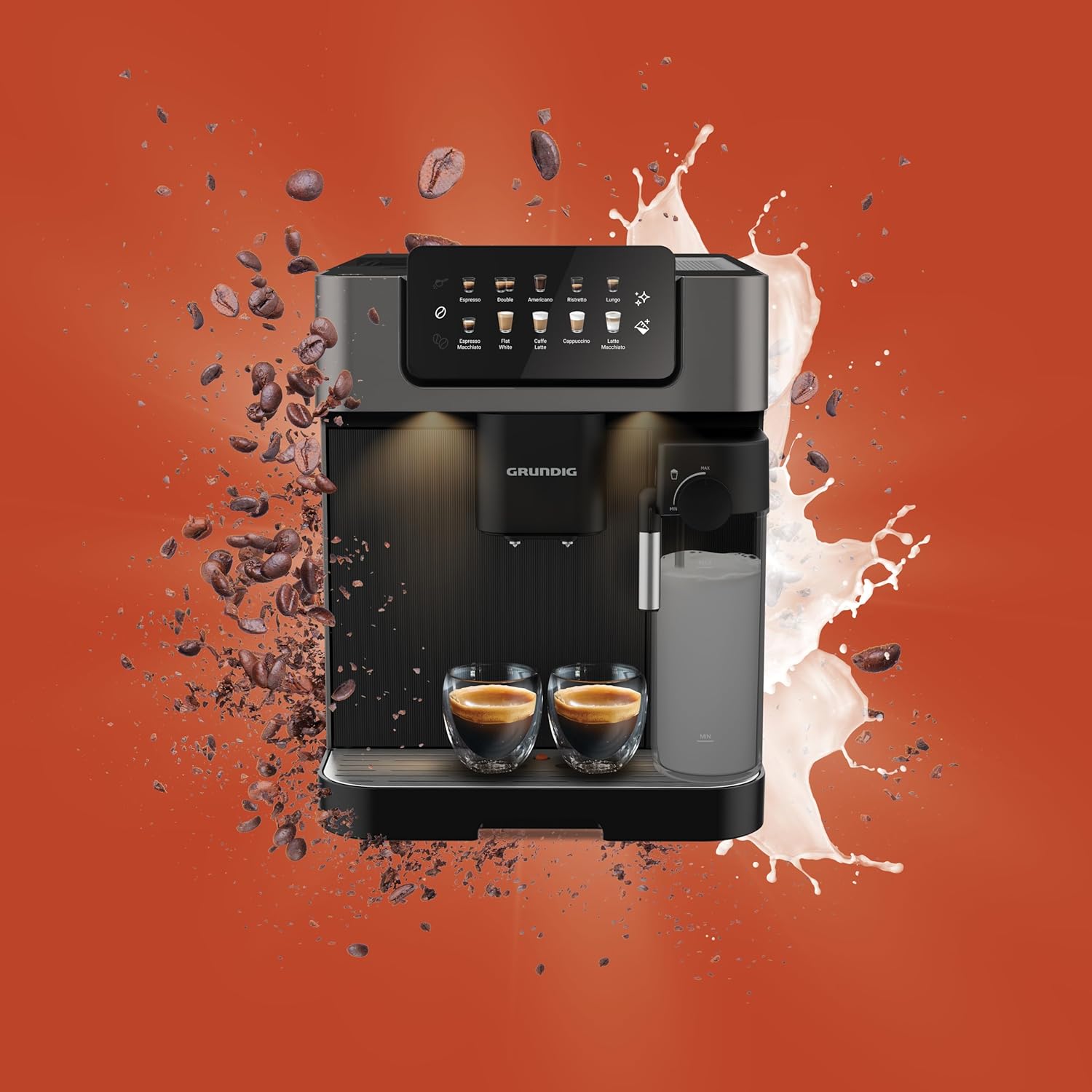 GRUNDIG KVA 7230 Kaffeevollautomat, Kaffeemaschine, 10 Kaffeespezialitäten, 13 Mahlgrade, Milchbehälter, leistungsstark 1350 W, 19 Bar Pumpendruck, Zweifachdüse, Beleuchtung, Schwarz/Dunkelsilber