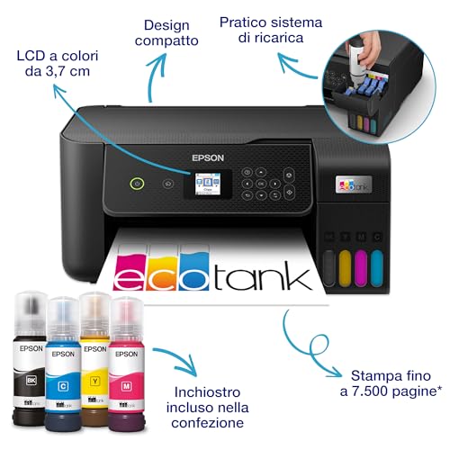 Epson EcoTank ET 2821 Stampante Multifunzione 3 in 1 A4, Serbatoi Ricaricabili Alta Capacità, 4 Flaconi Inclusi pari a 3600pag B/N 6500pag Colore, Display LCD USB Wi Fi/Direct, Nero : Informatica
