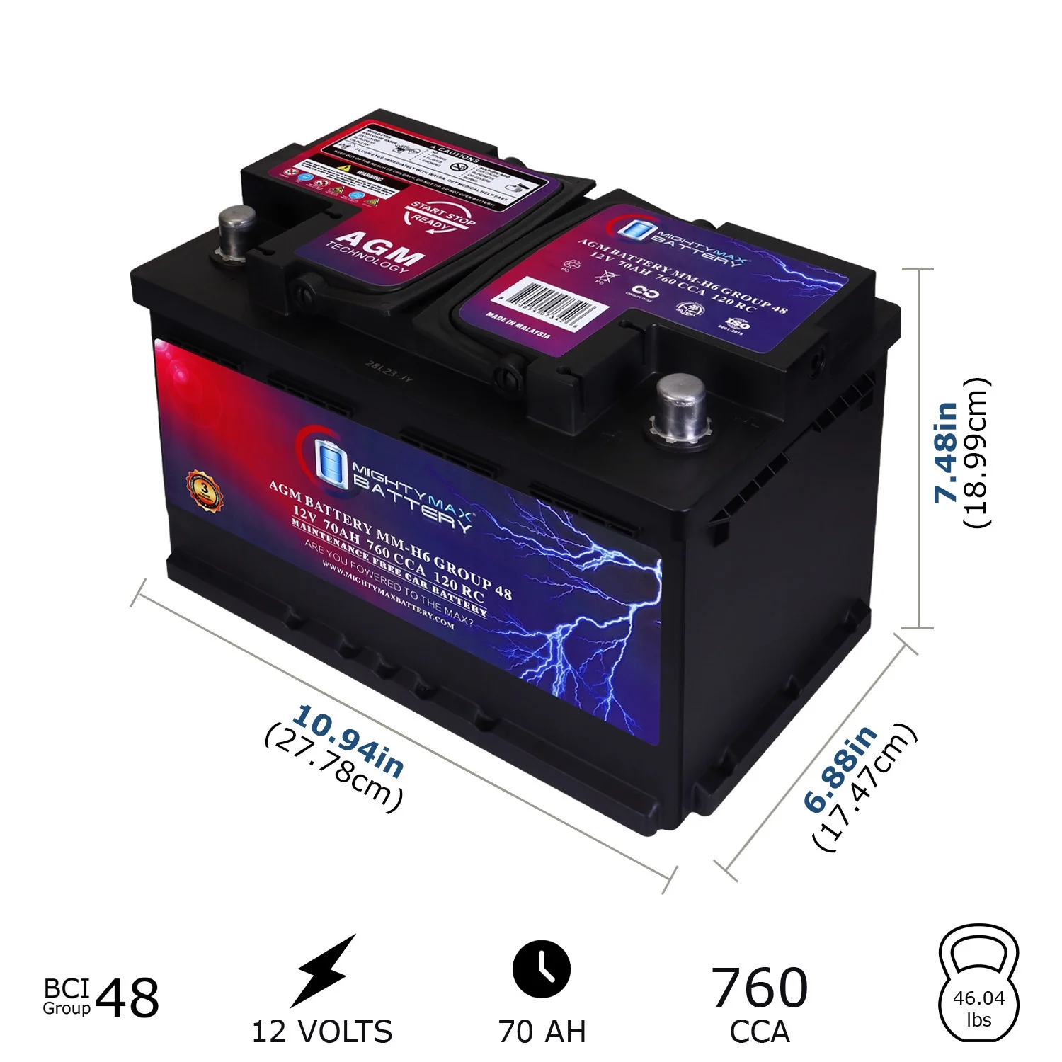 Batería de repuesto MM-H6 Grupo 48 12 V 70 Ah 120 RC 760 CCA – Compatible con Chevrolet Silverado 1500 1/2 Tonne 2007–2013