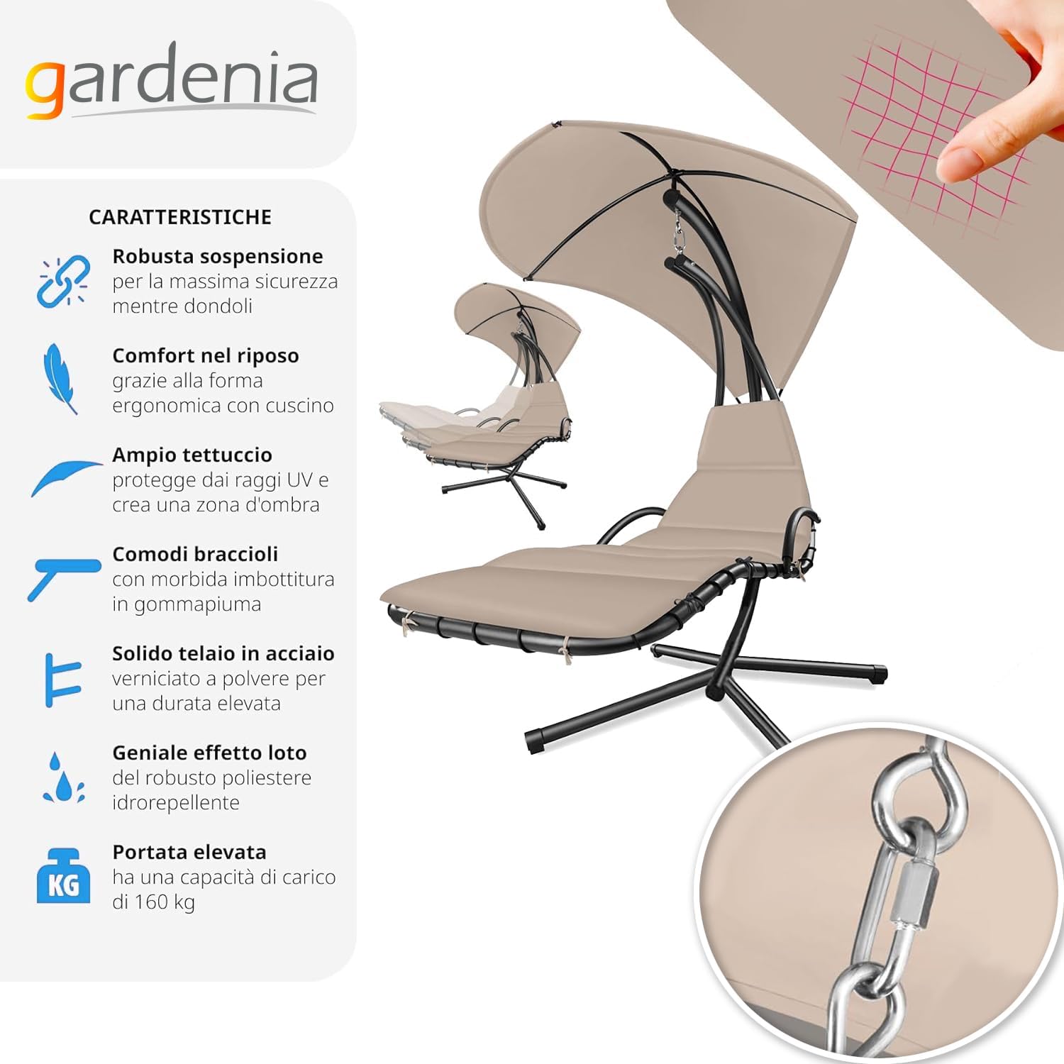 Gardenia Kelly Hammock Chair Hanging Rocking Chair with Sun Shade Beige