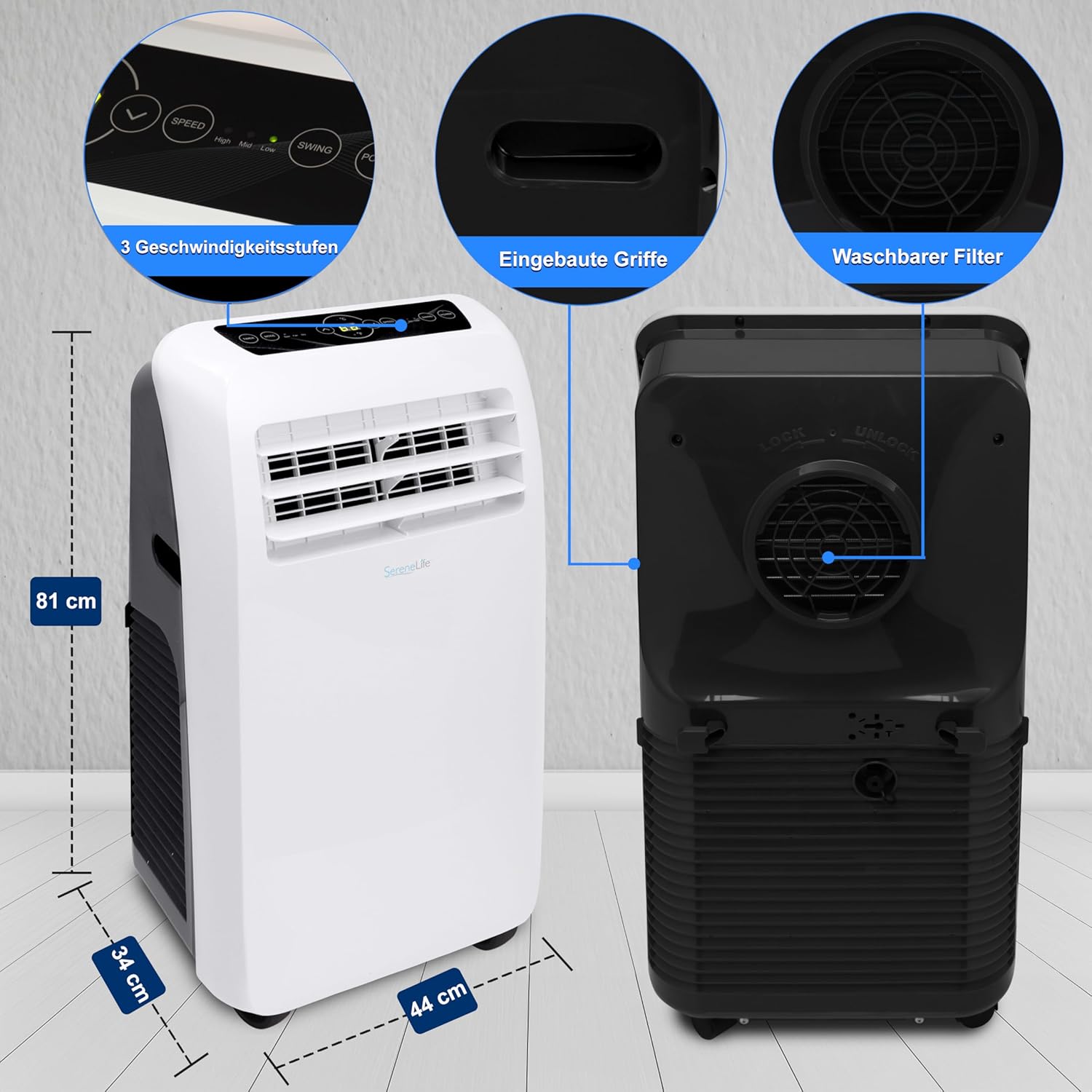 SereneLife Klimaanlage mobil, 3-in-1 mobiles Klimagert mit Abluftschlauch - Luftkühler, Luftentfeuchter & Ventilator, air conditioner 9.000 BTU, 1,5 L Feuchtigkeit/Stunde, kühlt Rume bis 42 m
