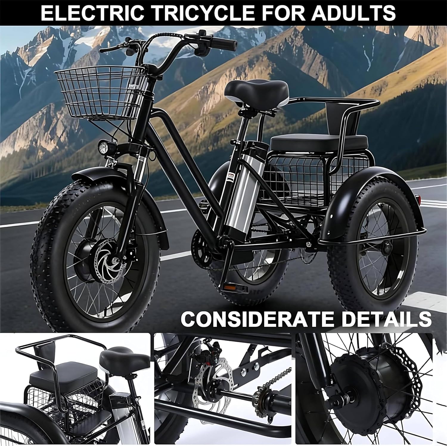 Triciclo Eléctrico Para Adultos,Con Neumáticos Anchos Todoterreno De 20