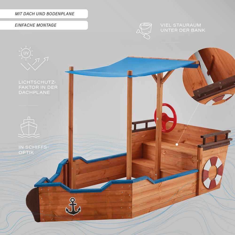 Arenero Infantil Barco Madera Home Deluxe Matschekiste 78  X 160  X 103 Cm - Natural / Azul