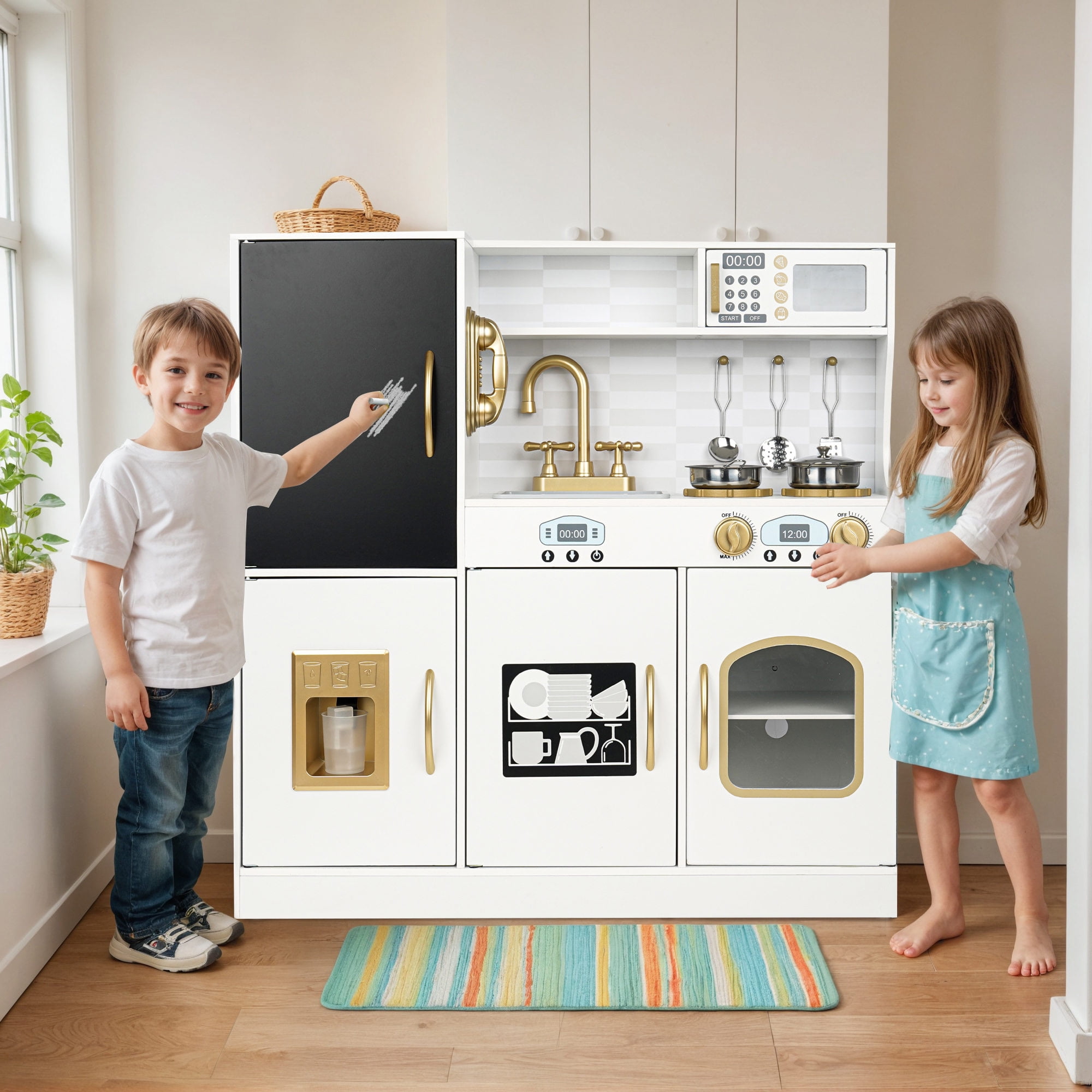 COCLUB Play Kitchen, Wooden Kids Kitchen Playset with Chalkboard, Ice Maker, Play Phone, Cookware Accessories, Microwave Toy Kitchen Gift for Boys Girls Age 3-8 White