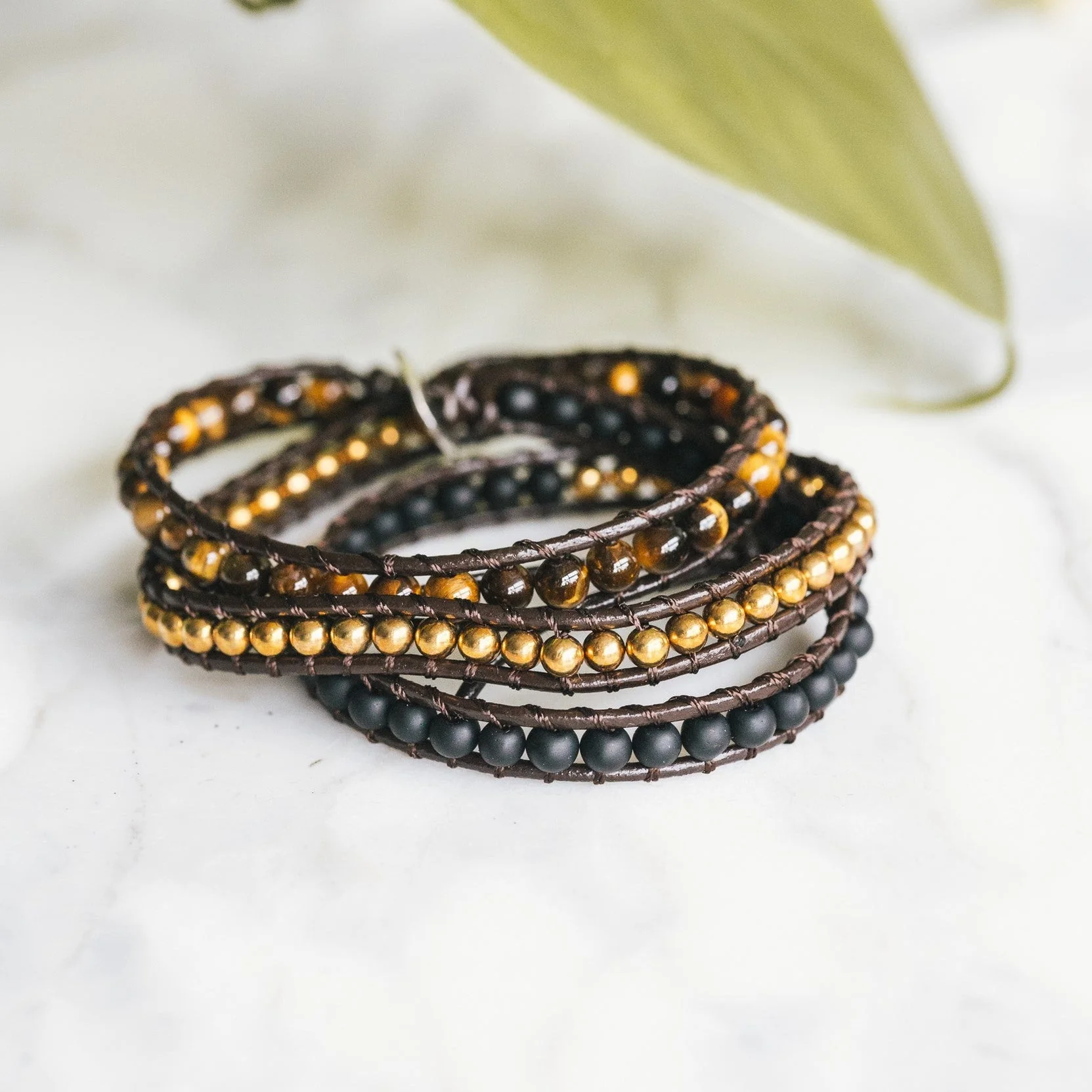 Wikkelarmband Balans - Tijgeroog & Frosted Agaat - Positiviteit