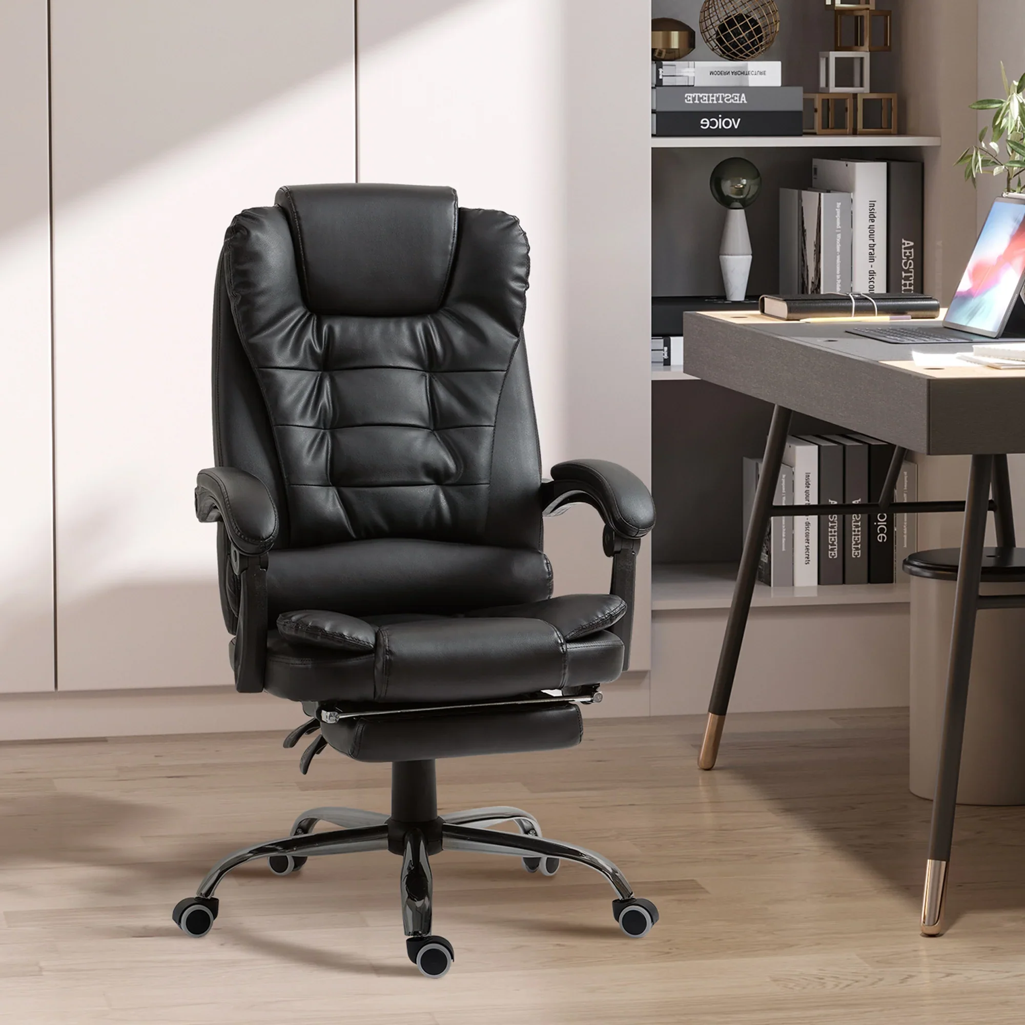 Silla de Oficina Ejecutiva, Sillón de Cuero PU con Respaldo Reclinable y Reposapiés, Negro