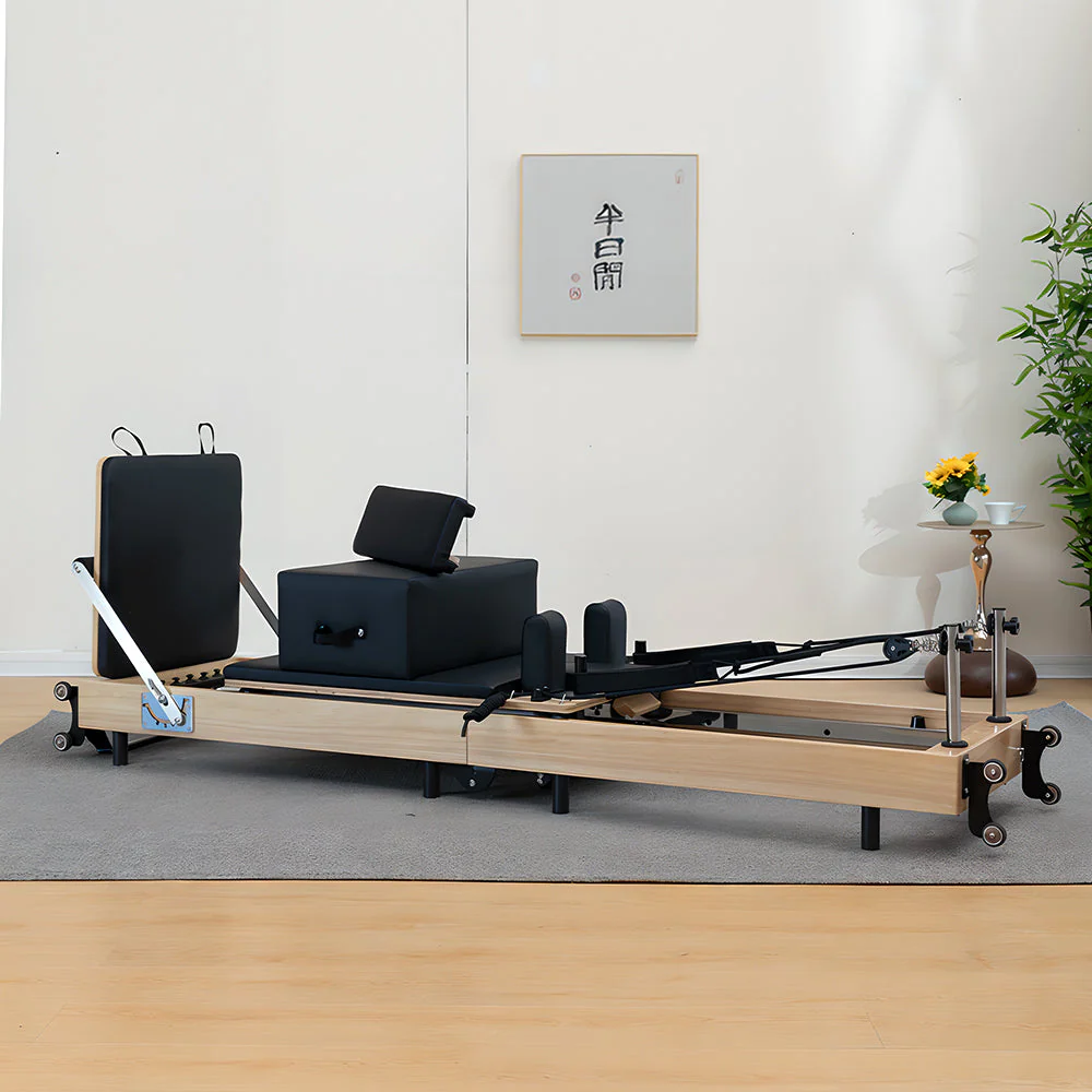Foldable Pilates Reformer for Home Workouts, Oak Wood Frame, 6 Springs