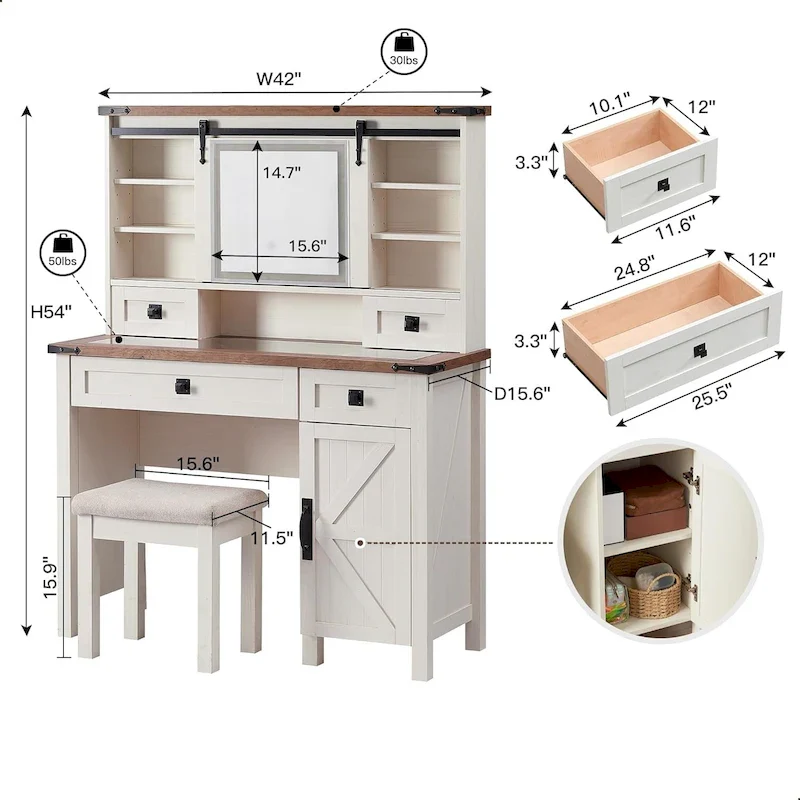 Farmhouse Makeup Vanity Desk, Vanity Table, Vanity Set, Stool Included