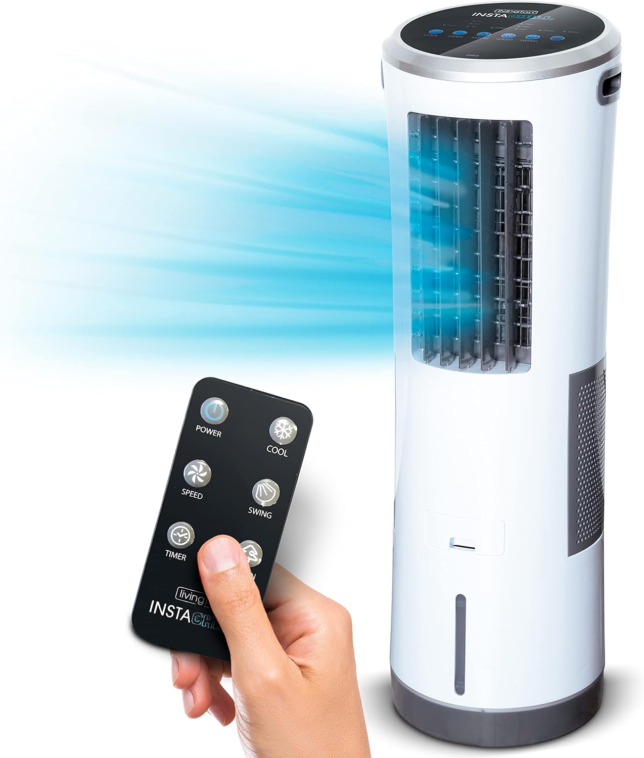 INSTACHILL Enfriador Evaporativo de torre Mejor que Ventilador, menor consumo que Aire Acondicionado. Sin instalación Pórtatil. Mando a distancia. Saludable sin sustancias químicas. Seguro sin aspas