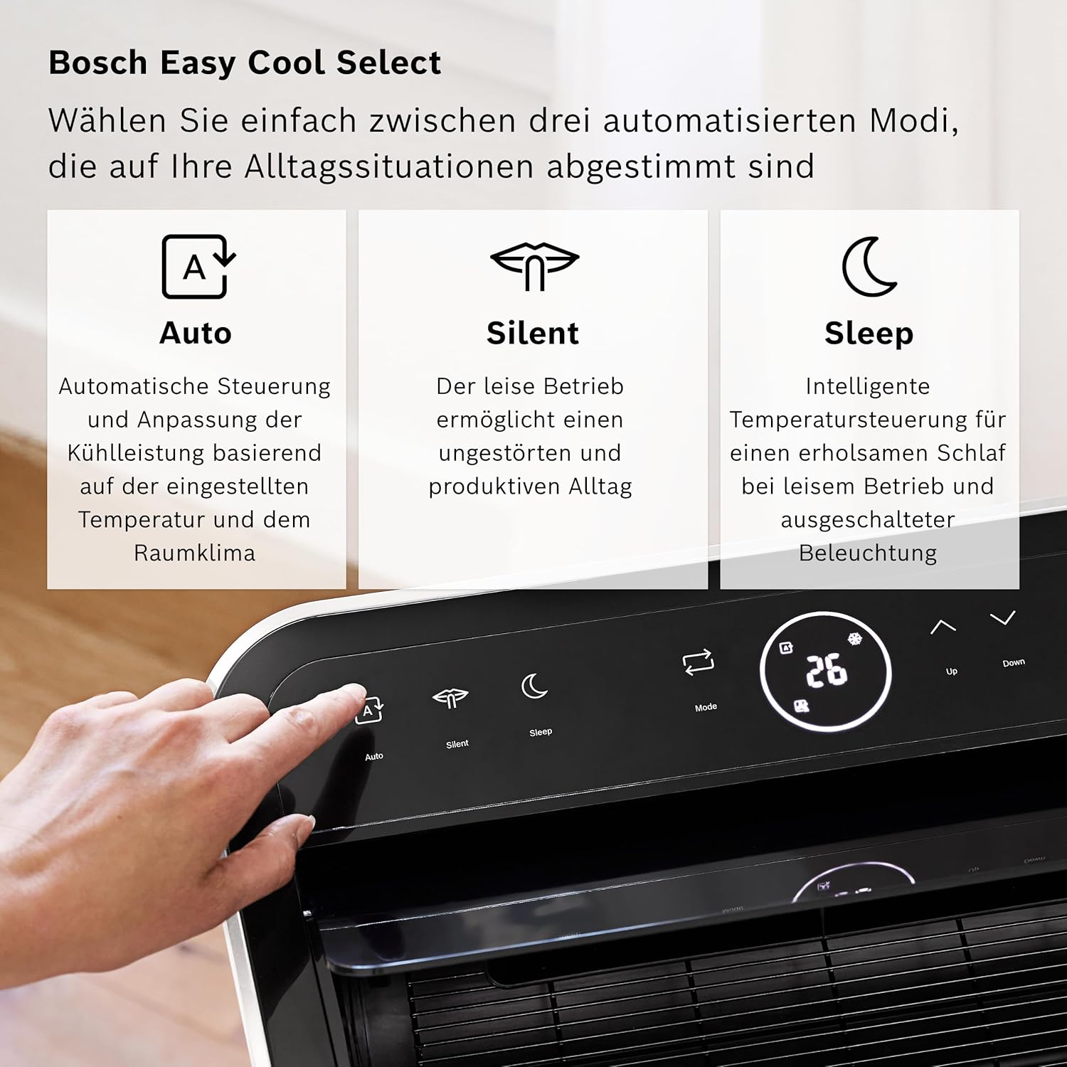 Bosch Cool 4000 Mobiles Klimagerät - 3-in-1: Klimagerät, Luftentfeuchter, Ventilator - 2,6 kW für Räume bis zu 35m² - Mit Auto-Modus, Silent-Modus & Sleep-Modus
