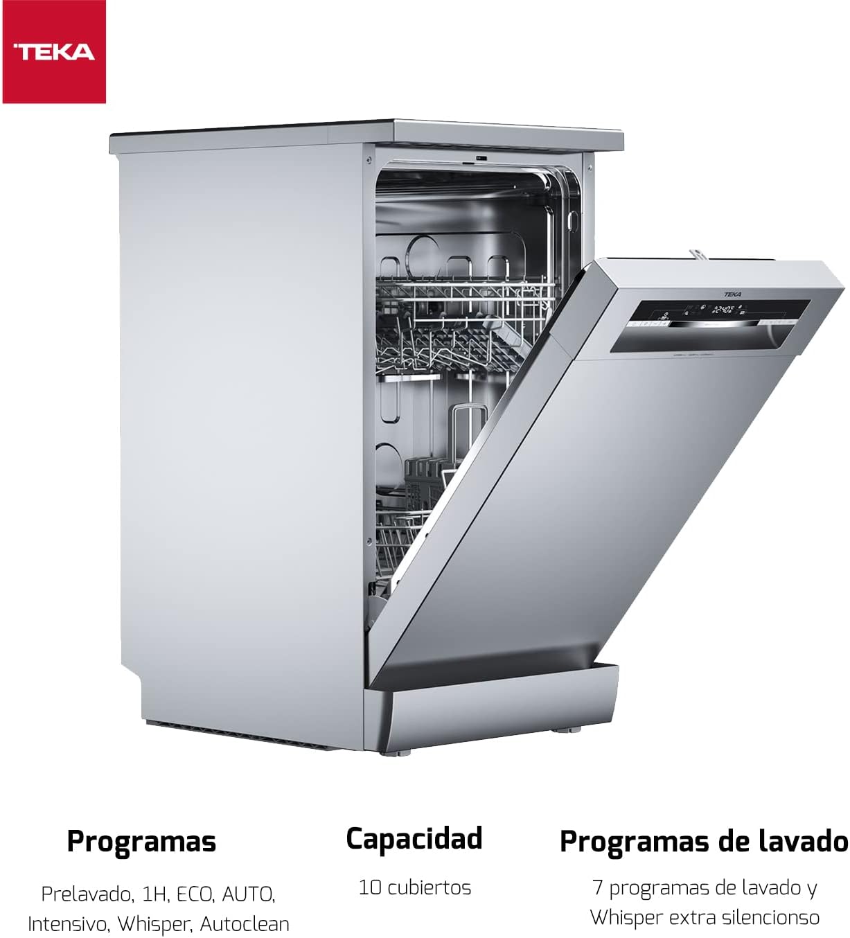 TEKA Lavavajillas Libre Instalación 45 cm, 10 Cubiertos, 7 Programas de Lavado, Display LED, Programa Whisper Extra Silencioso, FlexiSet2, DFS 44750