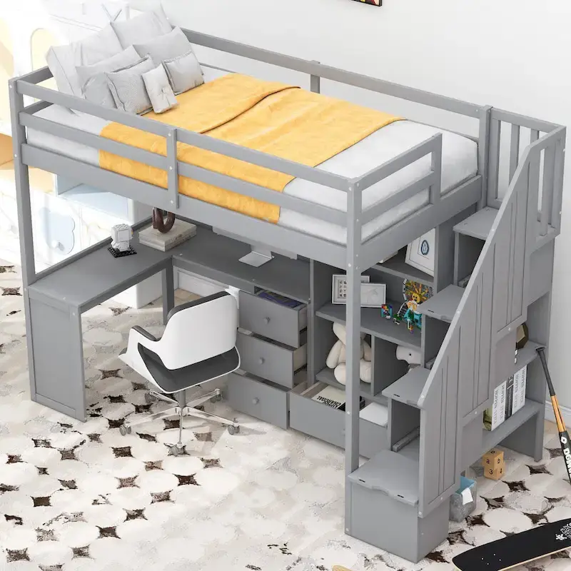 Loft Bed with Desk Storage Drawers Shelves and Staircase