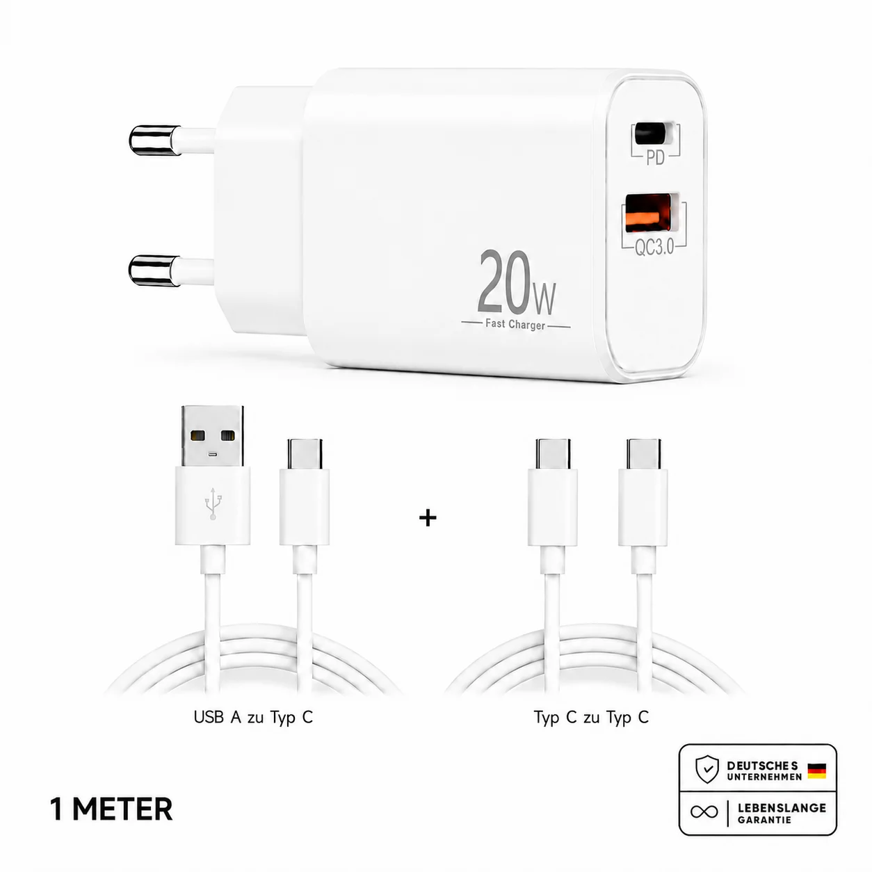 Schnellladegerät USB-C + USB-A Dual Netzteil Universal mit Kabel