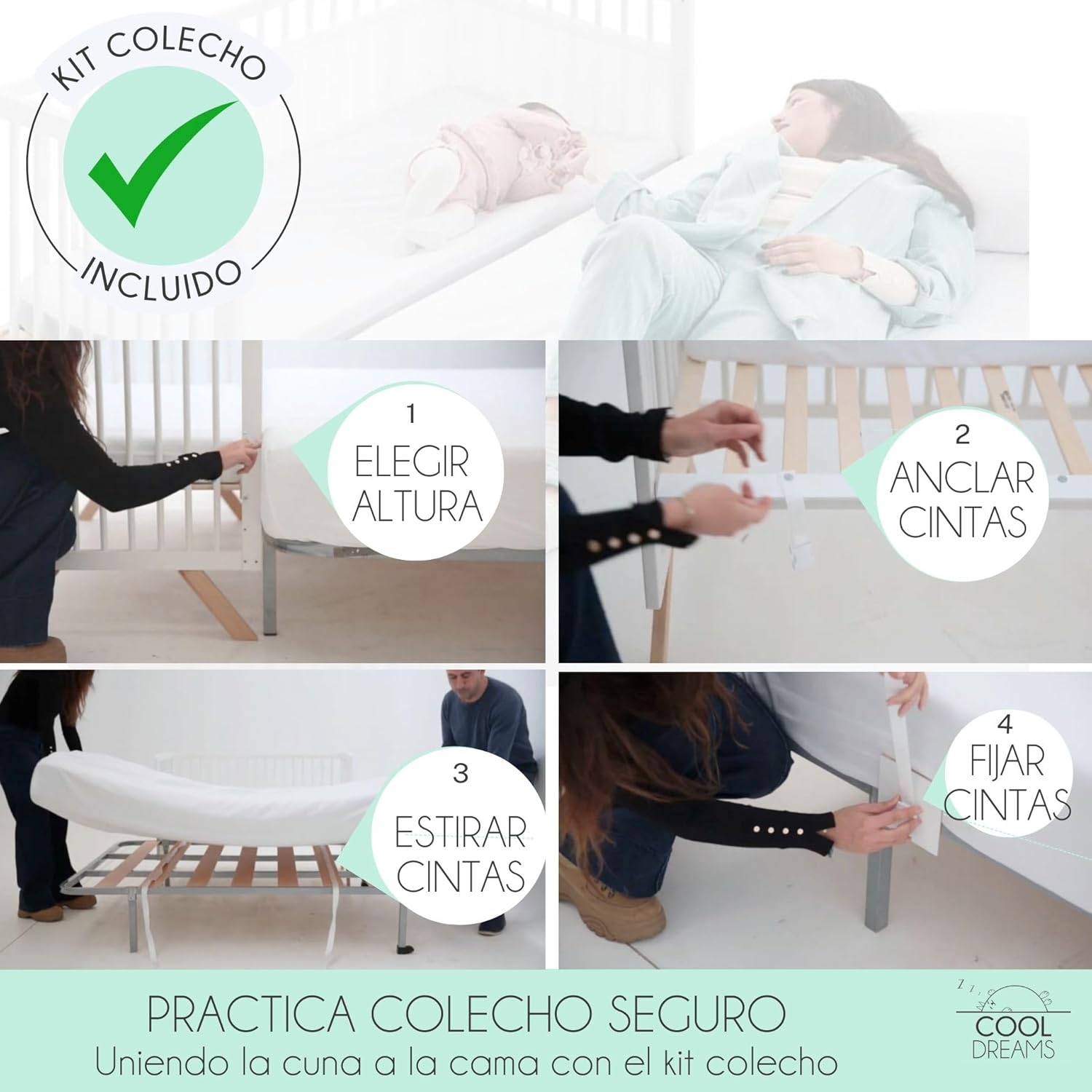 Cuna Colecho de Bebe, Kit para Unir la Cuna con la Cama, Colchón HR Morfeo Certificado Oeko-Tex® y CertiPUR, 4 Ruedas, Sábana Bajera y Encimera de Algodón Natural. Indi CoolDreams CoolDreams