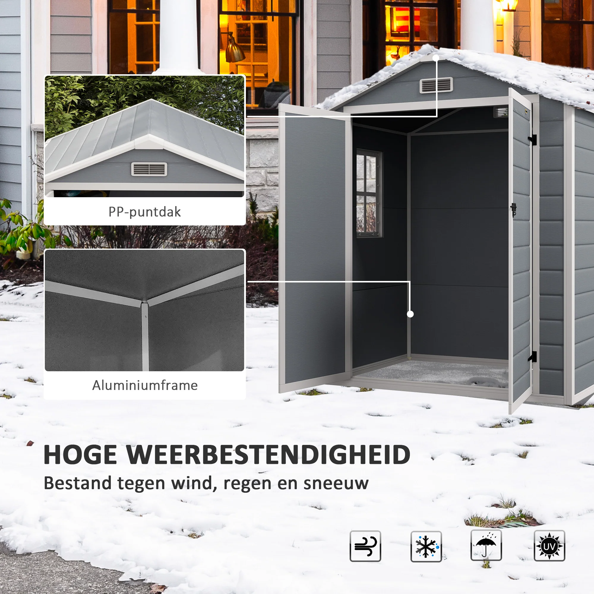Outsunny Metalen Tuinschuur, afsluitbaar, Dubbele Deur, Raam, Aluminiumframe, 1,80 x 1,30 x 2,10 m, Grijs