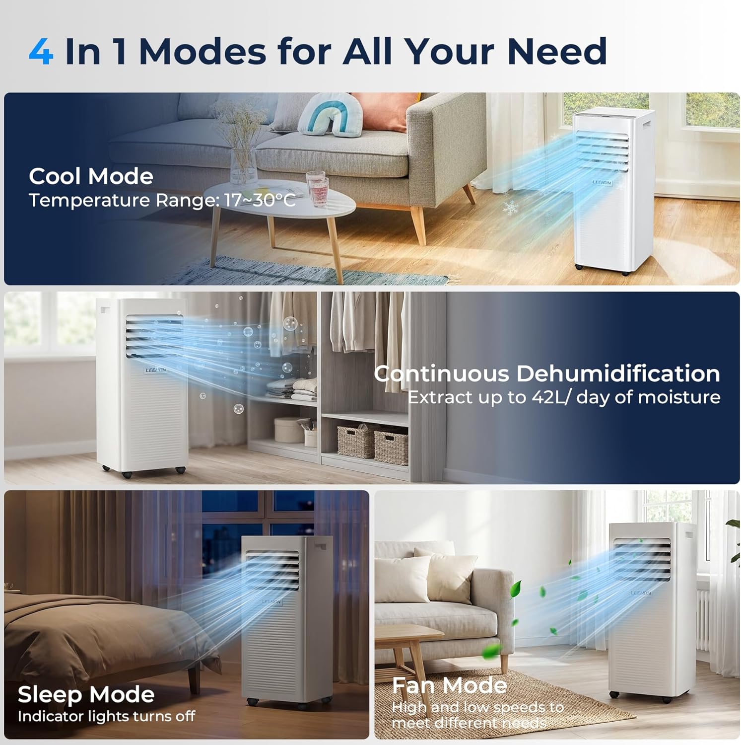 LEENON Klimaanlage Mobil Klimagerät 9000 BTU, 4 in 1 Kühlen Entfeuchten Lüftermodus Schlafmodus, 2.6KW Mobile Klima mit Abluftschlauch, Fernbedienung/ 24h-Time, Air Conditioner, Für Räume bis 35 m²
