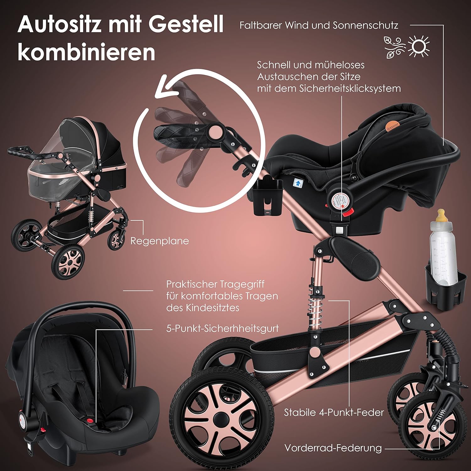 KESSER® Loops 3 in 1 Kinderwagen Kombikinderwagen Komplett-Set inkl. Babywanne & Buggy Sportsitz & Auto-Babyschale Voll-Gummireifen Wickeltasche Regenschutz Kindertisch ECE R129, Grau/Silber