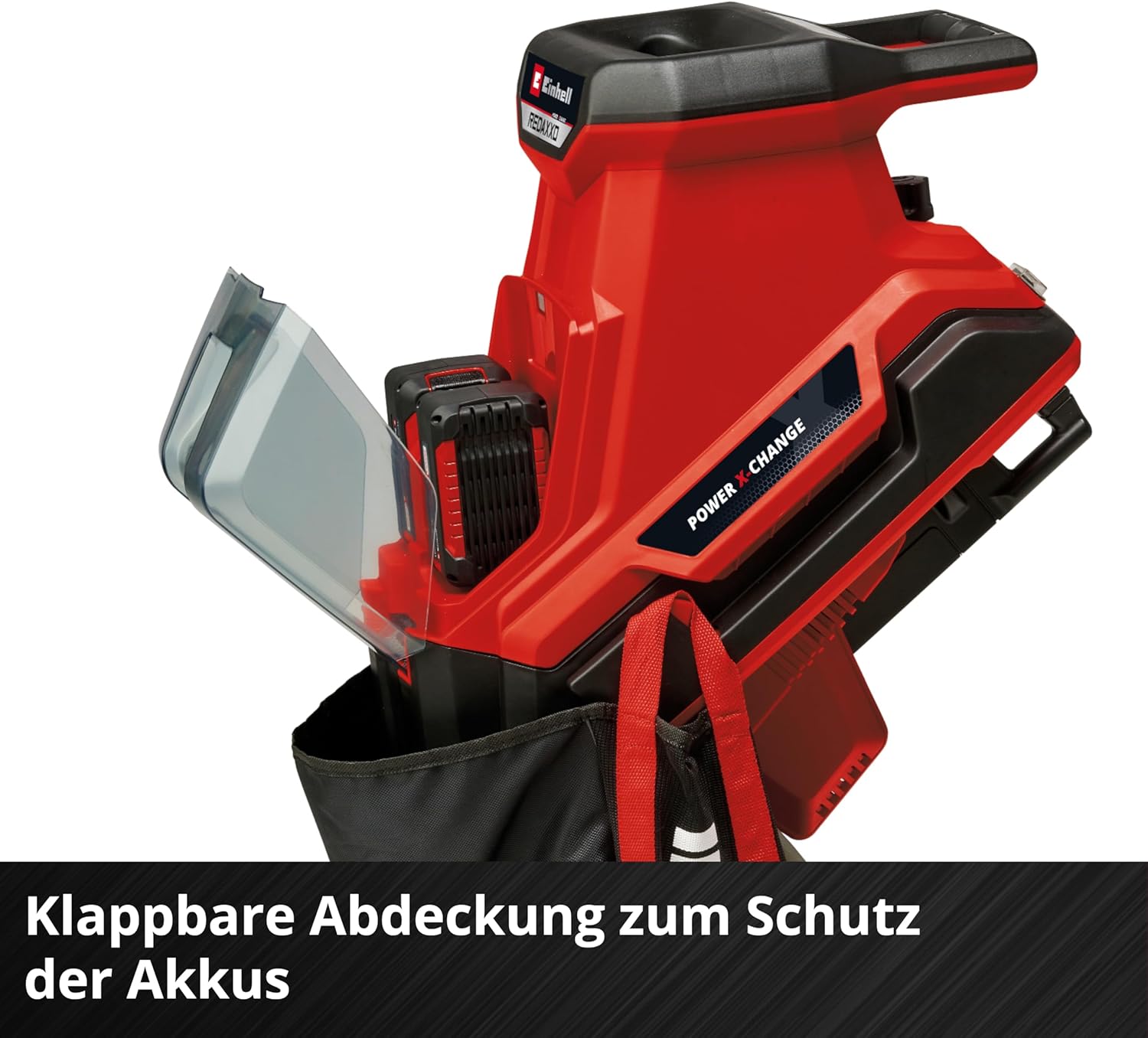 Einhell Akku-Messerhäcksler REDAXXO 36/25 Power X-Change (36 V, max. 25 mm Aststärke, 3 Wendemesser aus Stahl, 55 L Fangsack, Transportgriff, Stopfer)