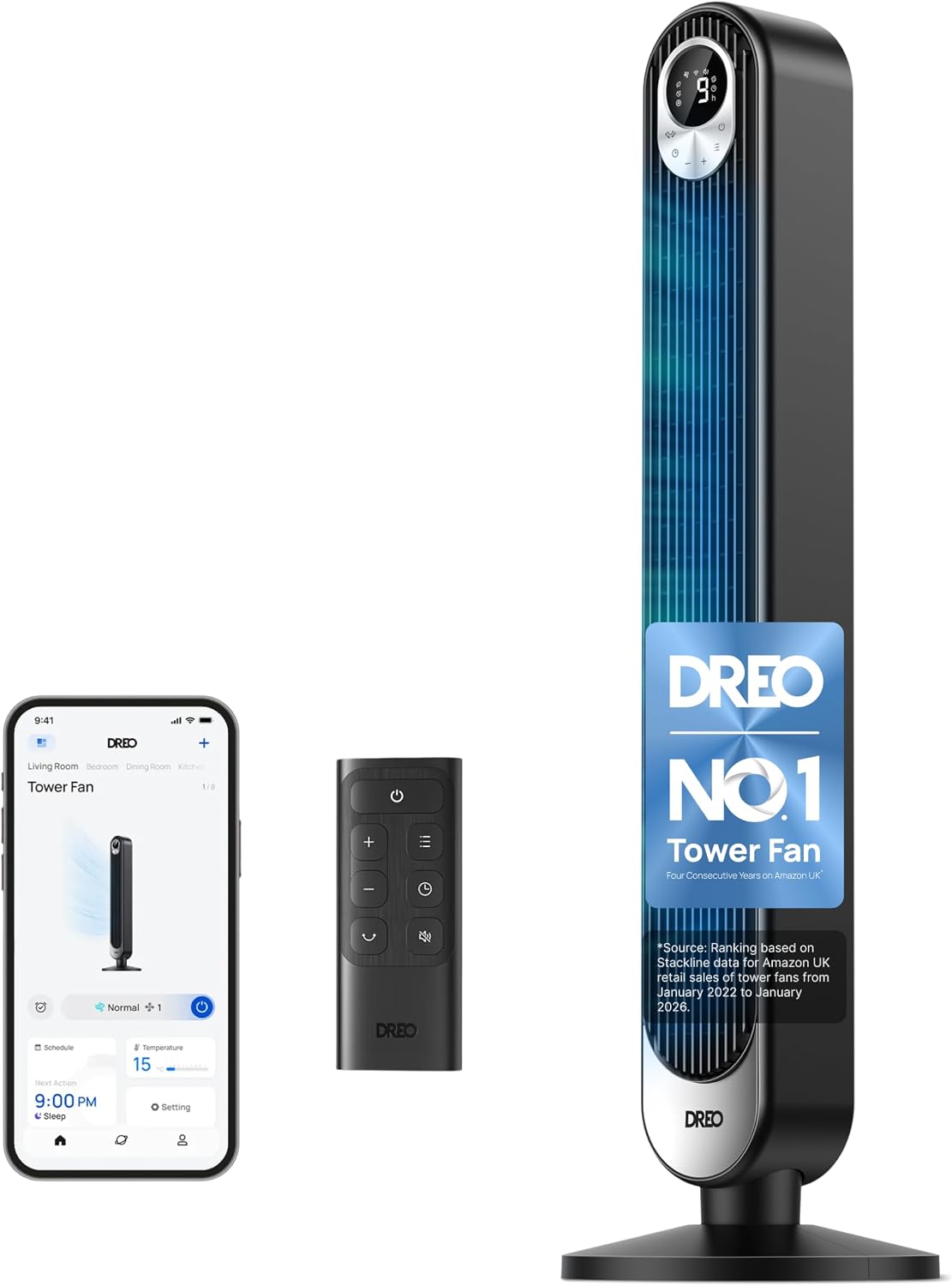 DREO 42 Inch Tower Fan, DC Motor Energy Saving Standing Fans for Bedroom, 8.5m/s High-Velocity Cooling Fans, 9 Speeds, Sleep/Auto/Natural/Normal Modes, 20dB Silent Fan, 90° Oscillating, 12H Timer