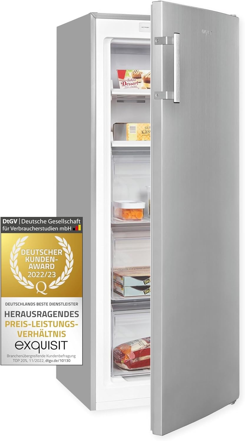 Exquisit 161L Congelador Vertical, Inoxlook, Clase C, No-Frost, Control Electrónico, Congelación Rápida, Puerta Reversible, Alarma, Medidas (143 x 54 x 60 cm)