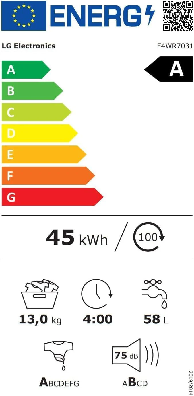 LG F4WV7080, Klasse A, Voorlader Wasmachine 8 kg, 1400 tpm, AI Direct Drive, Wi-Fi, Dieptereiniging met Stoom, Grote Capaciteit, TRIPLE A, Veiligheidsglas Buitendeur, 62 x 60 x 85 cm ? Wit