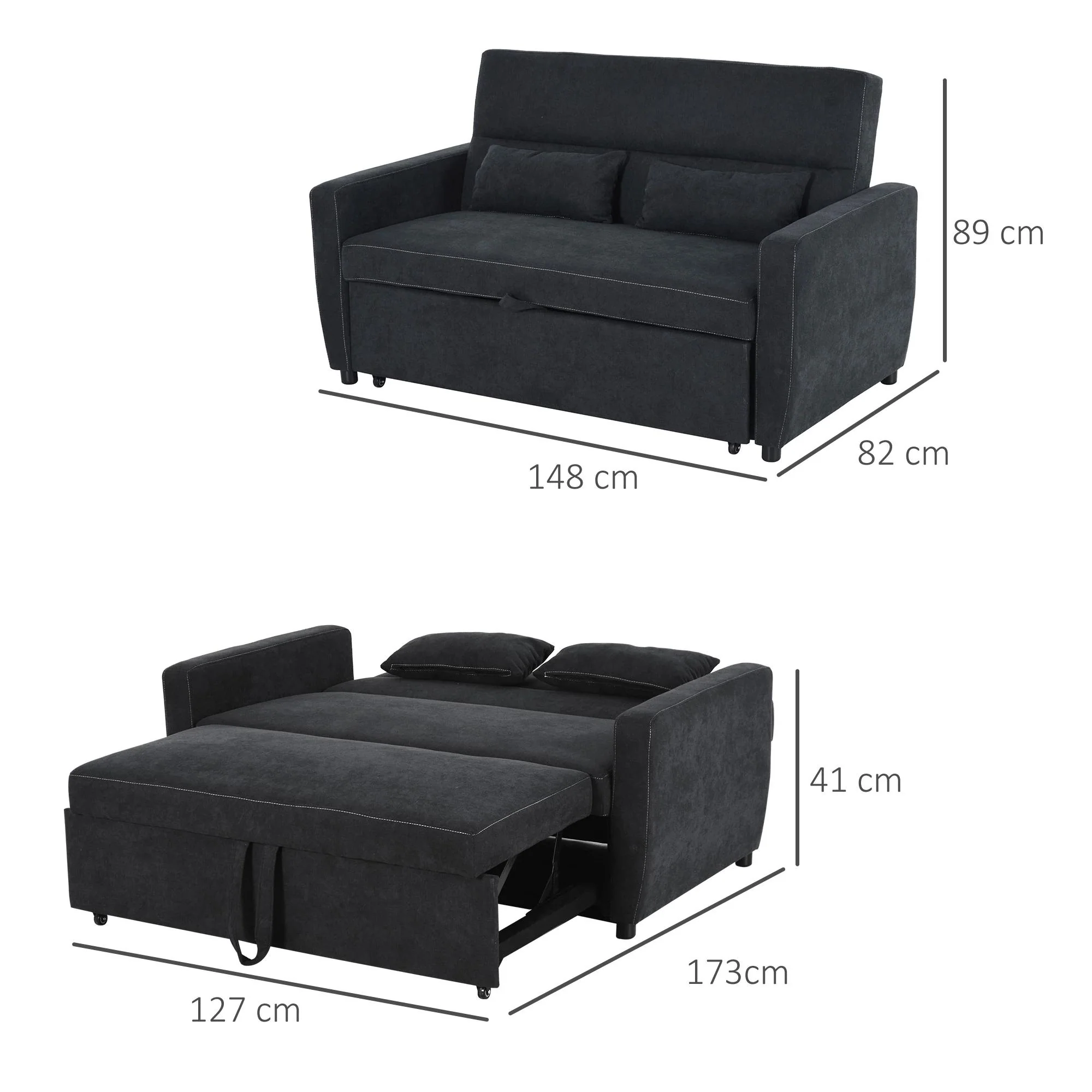 HOMCOM slaapbank, opklapbare bank, 2-zits stoffen bank, slaapbank, bank met slaapfunctie, bankstel, verstelbare hoek 148 x 82 x 89 cm