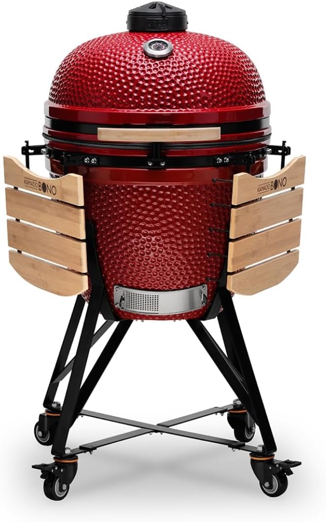 2026 Kamado BONO BBQ - Barbacoa Grande XXL con 10 accesorios - Ø 59 cm Kamado Barbacoa con Accesorios - Parrilla ahumador rojo en la terraza, balcón o jardín