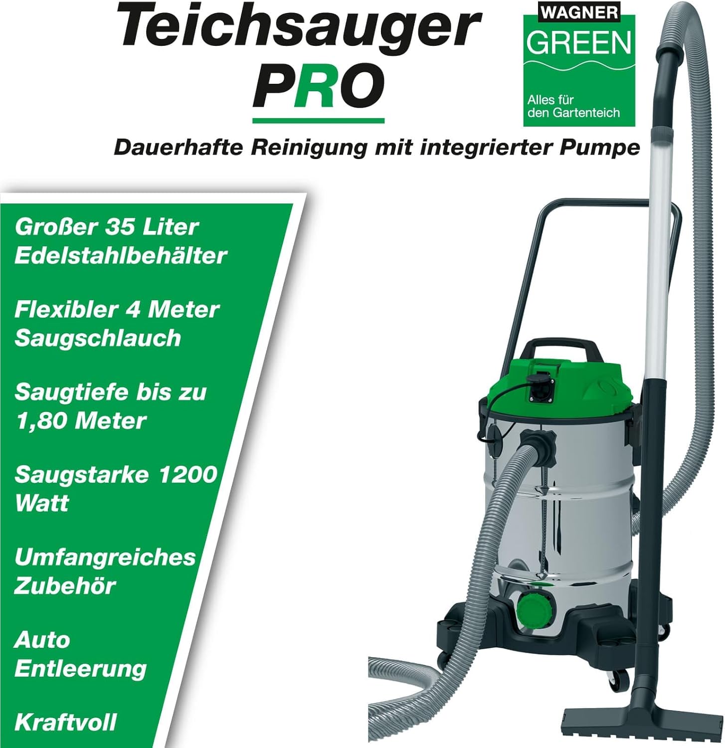 Wagner Green Teichsauger PRO VA | Non-Stop saugen | komplett Teichschlammsauger für die Reinigung für Gartenteich Schwimmteich Fischteich Pool und Haus