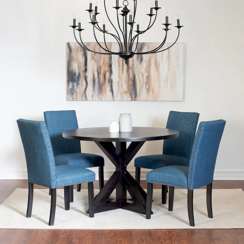 Round Dining Table Set with 4 Upholstered Chairs and Pedestal Base