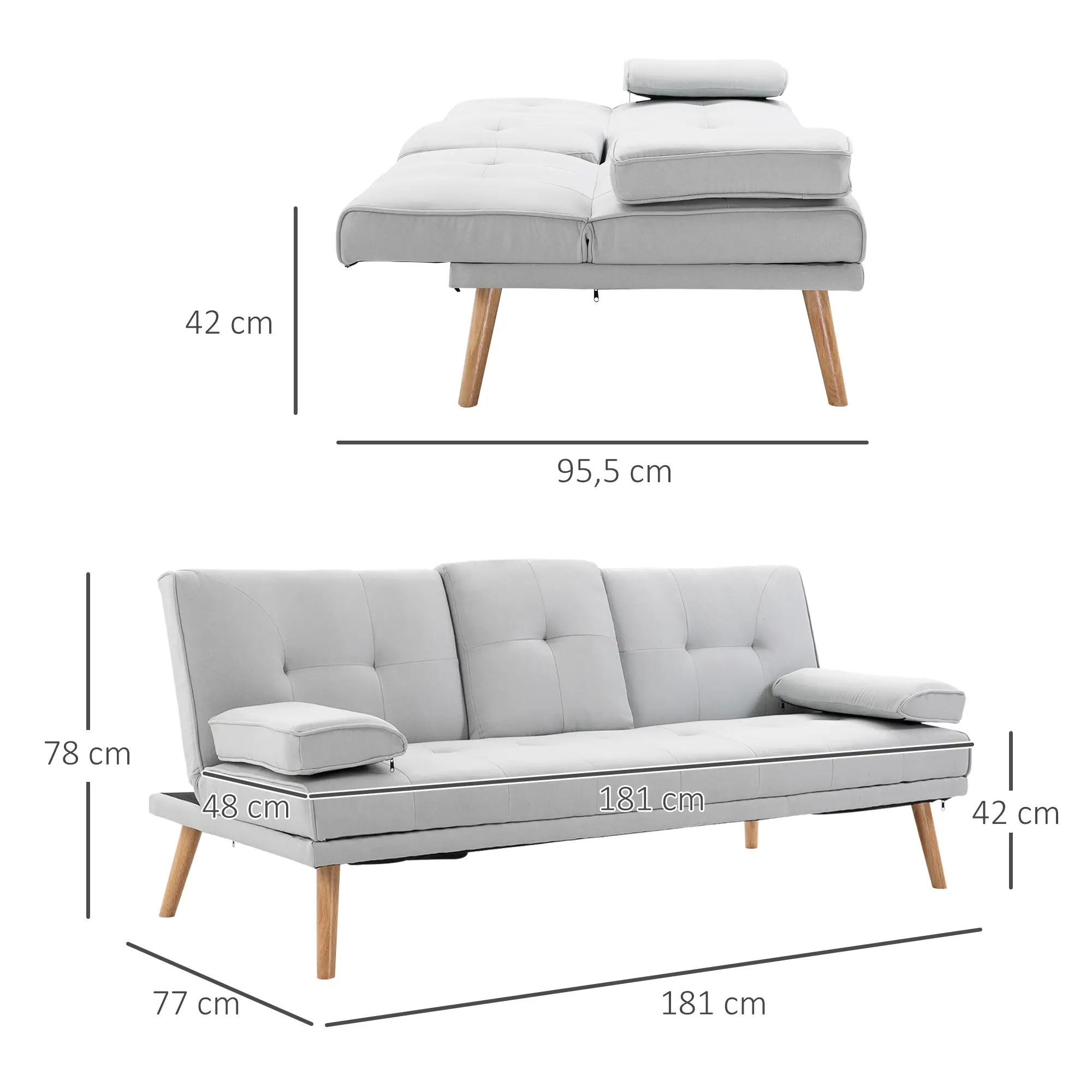 HOMCOM Schlafsofa 3-Sitzer mit verstellbarer Rückenlehne & Tisch hellgrau