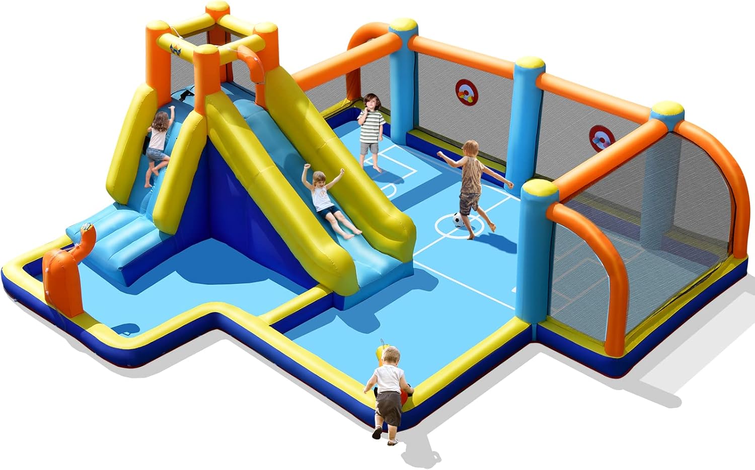 COSTWAY Aufblasbare Hüpfburg mit Gebläse, Wasserrutsche, Planschbecken, Fußballzone, Kletterwand, Zwei Wasserkanonen, und Zielspiel, Spielpool 500 x 465 x 200 cm